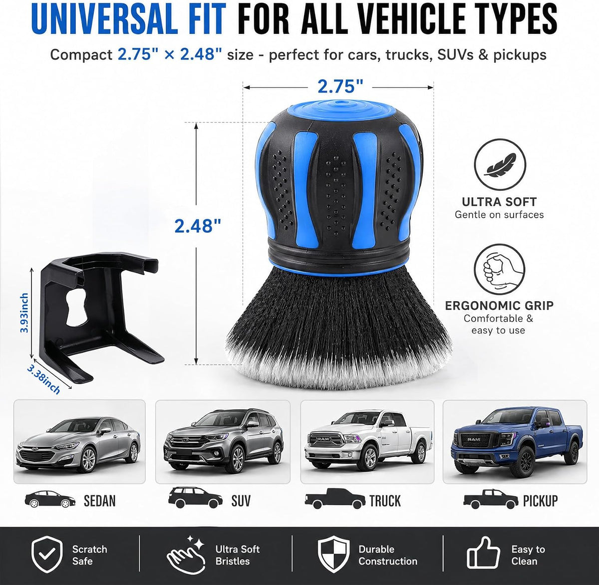 Car Detailing Brush, Car Cleaning Brush, Ultra Soft Fiber Auto Interior Dusting Brush with Storage Rack, Car Accessories Tire Shine Cleaning Tool Beauty Tools for Most Vehicles (Black Blue)