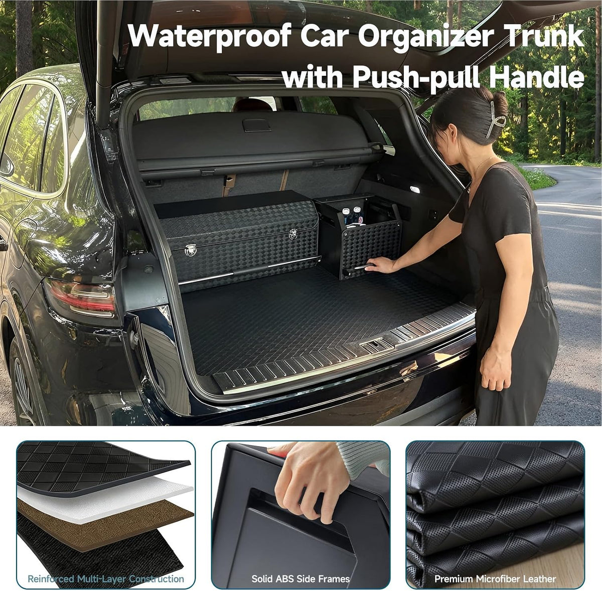 Leather Trunk Organizer, Waterproof Combination of Car Storage Organizer | 40.1*11.4*12.2in, Diamond-Pattern Leather, Heavy Duty, With Lid & Push-Pull Handle, for Groceries, Commute, Road Trips, Home