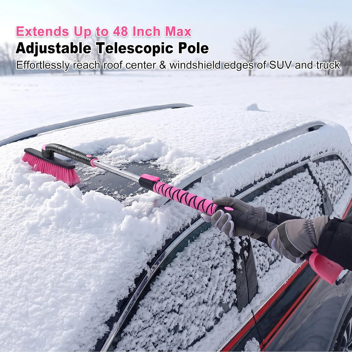 48 Inch Long Ice Scraper with Snow Brush Extendable 360° Pivoting
