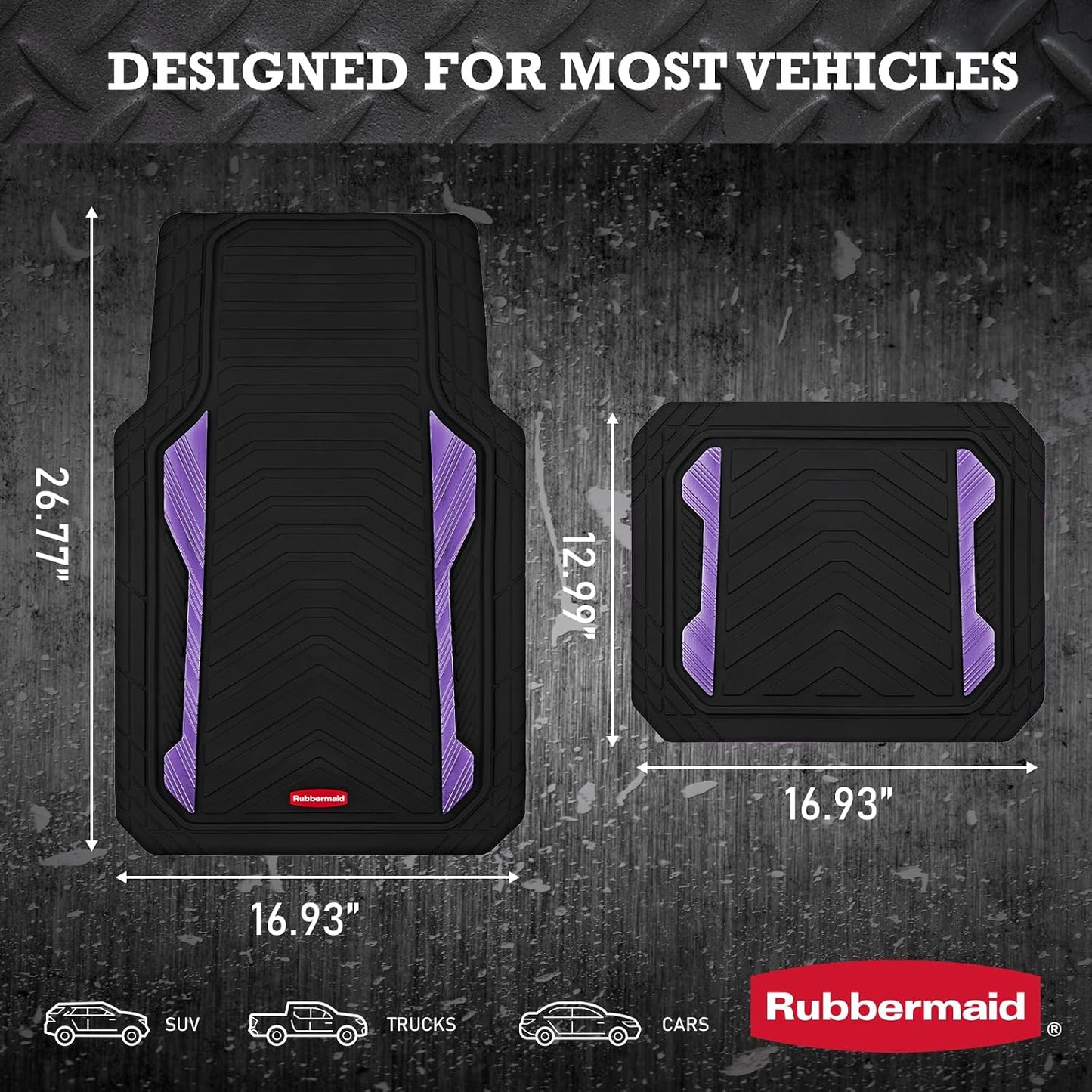 Rubbermaid Car Floor Mat, Heavy Duty All-Weather Car Mats Full Set with Dual-Tone Purple Aluminum Inserts – Universal Fit, Anti-Slip Backing, Trim-to-Fit for Most SUV, Sedan, Van