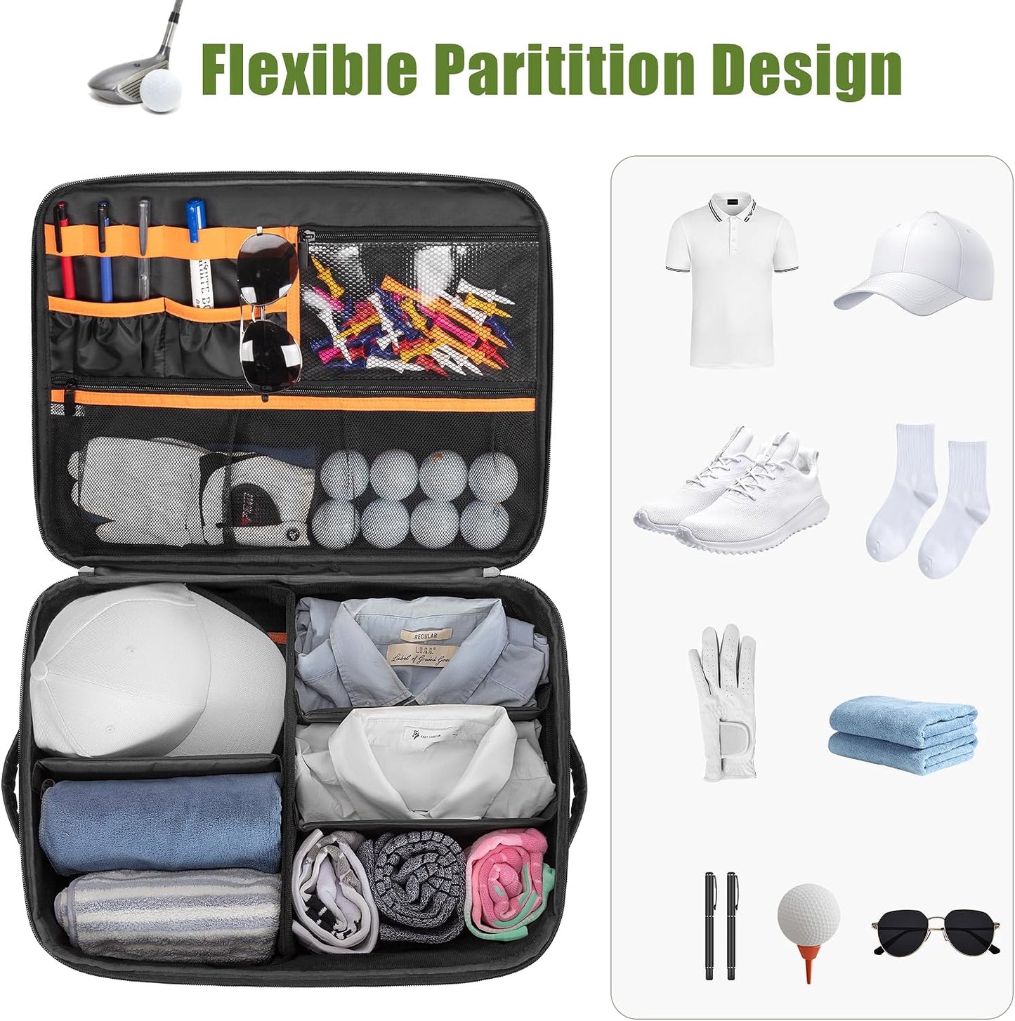 PGmoon 2 Layer Golf Trunk Organizer, Golf Car Storage Organizer with Individual Ventilated Compartment for 2 Pairs Shoes, Golf Car Locker for Balls, Clothes, Tees, Gloves, Accessories (Black)