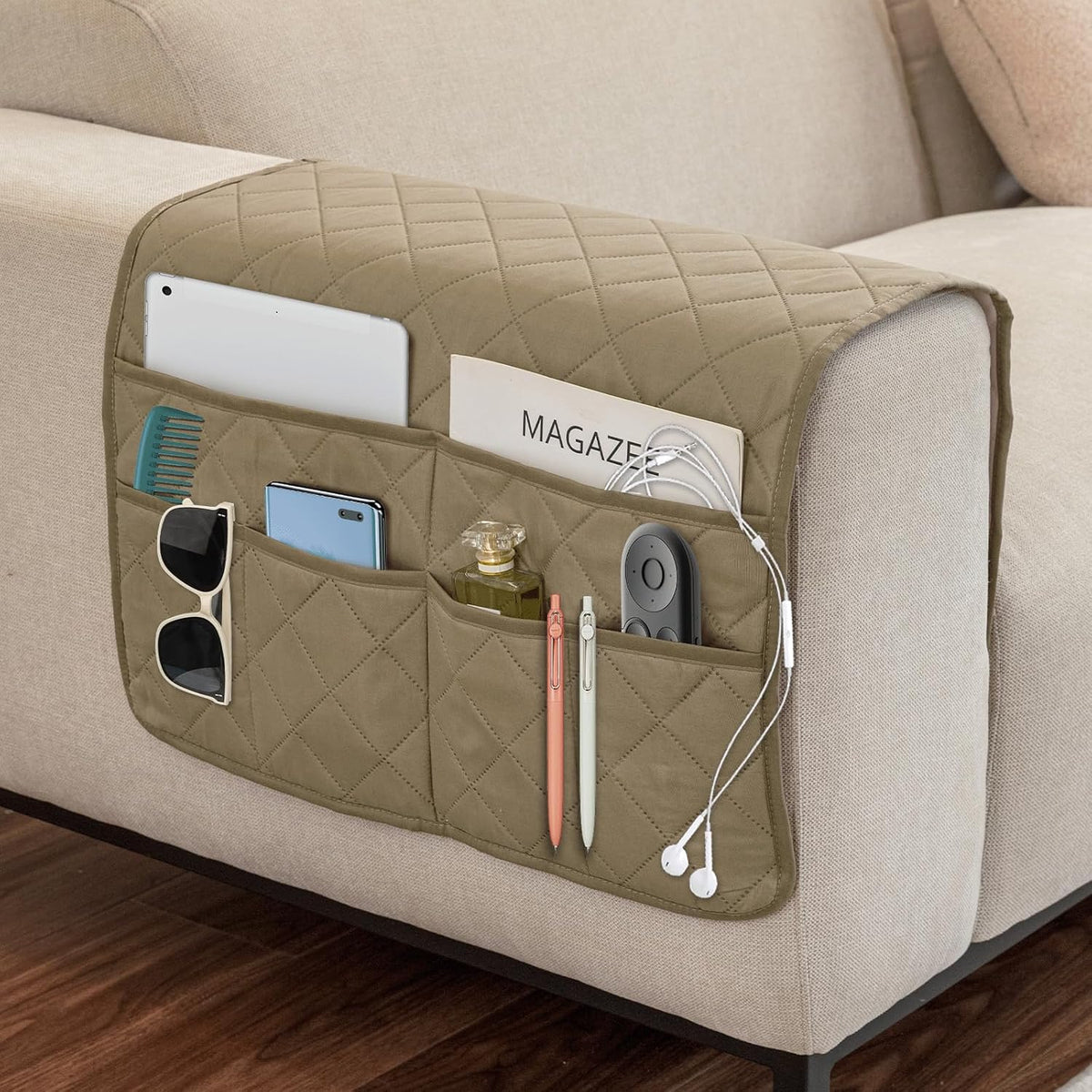 Remote Control Holder for Recliner, Armchair Caddy, Non Slip Sofa Armrest Organizer for Recliner Couch With 6 Pockets for TV Remote,Cell Phone,Magazine (Beige)