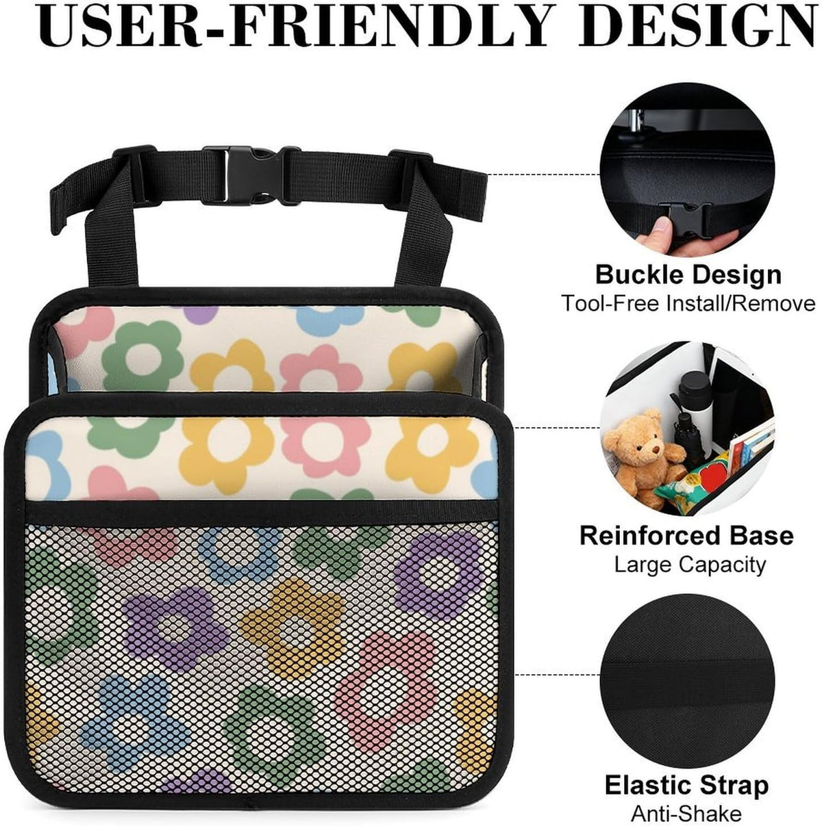 Car Backseat Organizer - Cute Aesthetic Car Storage Bin with Mesh Pocket & Reinforced Base - Universal Fit Hanging Seat Back Accessories for Women (Pastel)