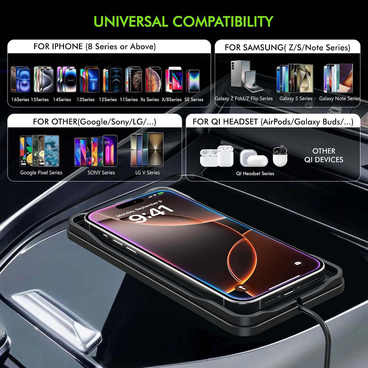 Wireless Car Charger Pad, LANSEMKU 15W Fast Wireless Charging Pad for Car, Non-Slip Smart Safe Phone Charger Mat with 20W Car Adapter, Compatible with iPhone 16 15 14 13 12 Pro Max AirPods, 30CM Cable