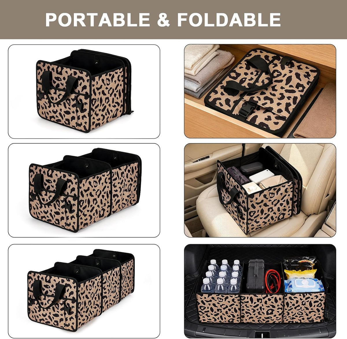 Leopard Trunk Organizer Foldable Car Organizer Portable Car Accessories for SUV & Sedans Waterproof Nylon Storage Box