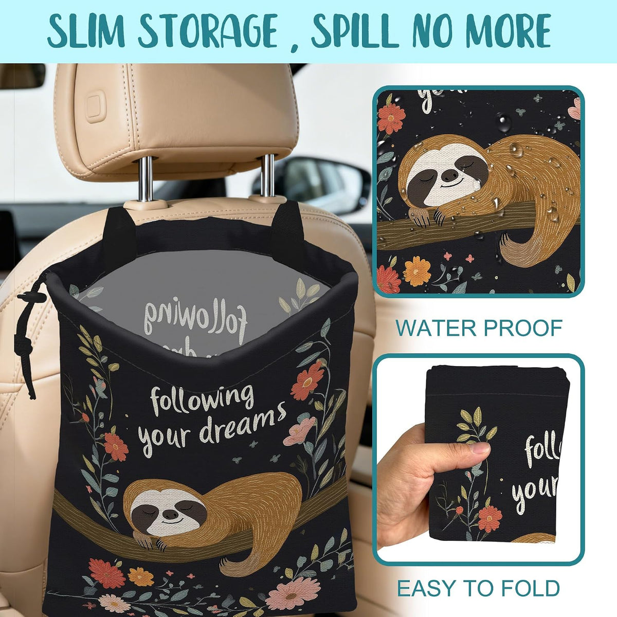 Car Garbage Bag Cute Brown Sloth and Floral Hanging Canvas Car Trash Bag Drawstring Car Back Seat Organizer for Car Back Front Seat Console with Adjustable Buckle