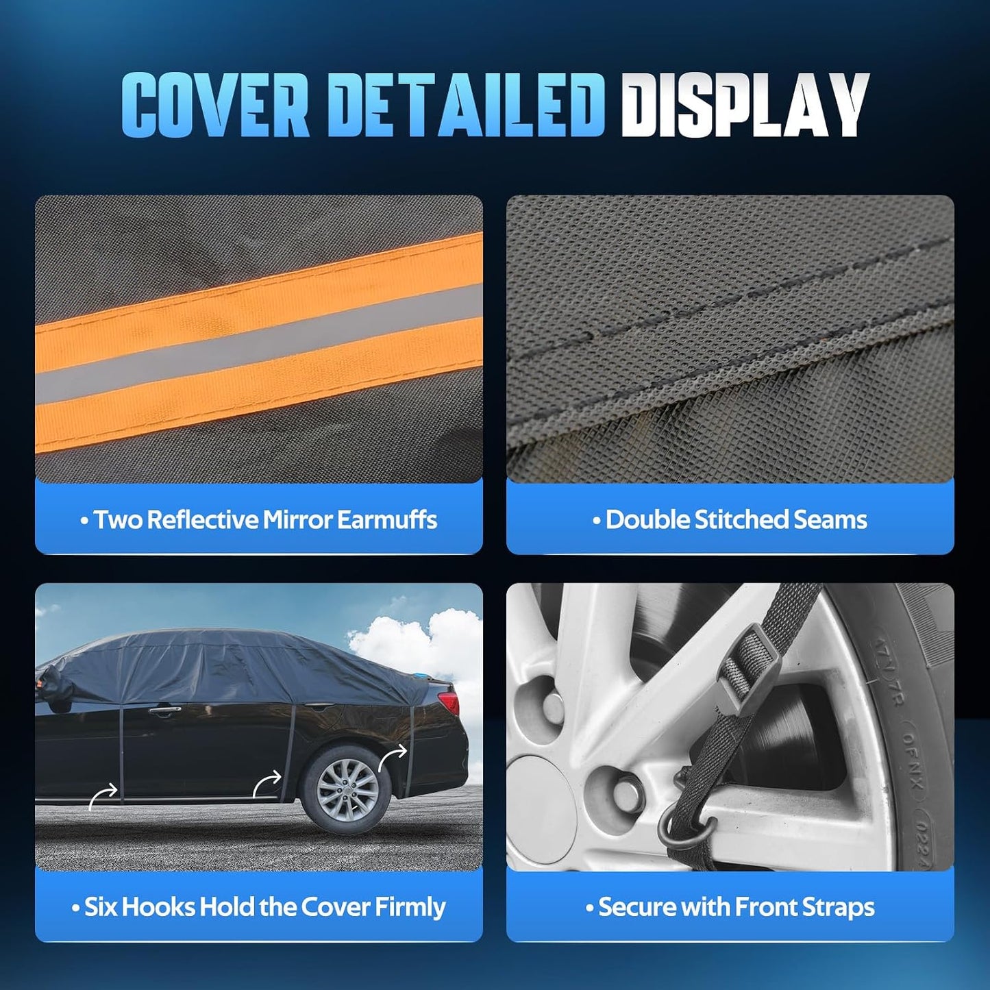 Half Car Cover Top for Sedan/Coupe/Cabrio, Windshield Cover for Ice and Snow, Roof Car Cover Waterproof All Weather with Reflective Strips and Side Elastic Hooks. H2 (Up to 128 inch)