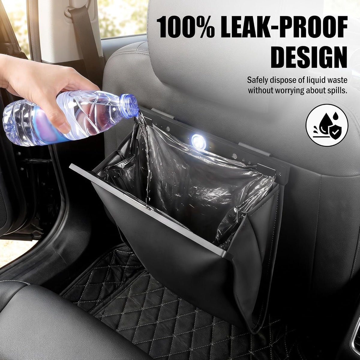 Magnetic Car Trash Can, Leakproof PU Leather Car Garbage Bin, Waterproof Vehicle Waste Basket, Foldable Multi‑Purpose Car Storage Organizer, Universal for Car Truck SUV Van (Black)