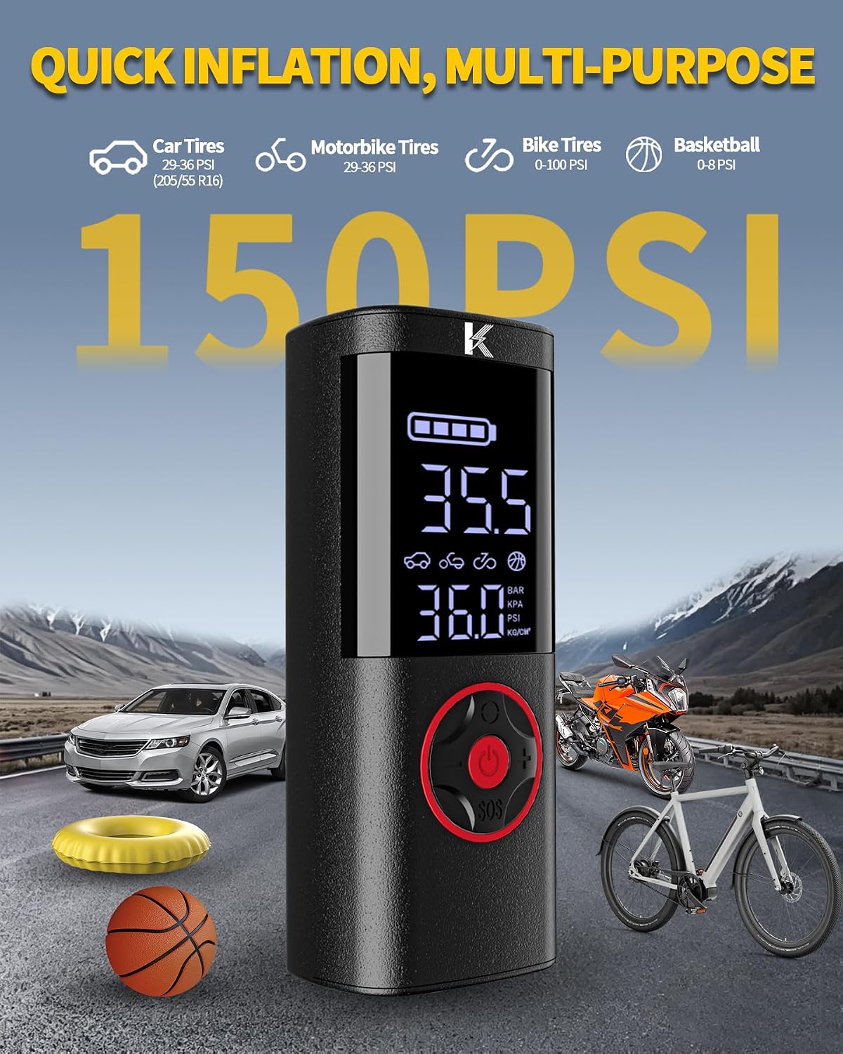 Tire Inflator, Portable Air Compressor for Car, 150 PSI