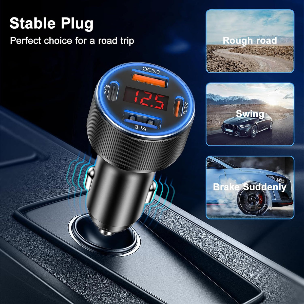 Car Charger USB C with Voltmeter, 4 Ports Cigarette Lighter USB Charger