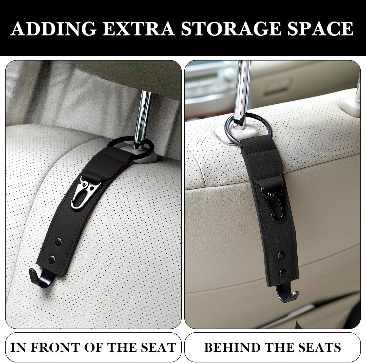 Adorila Car Hooks for Headrest - Backseat Storage Organizer Hangers - PU Leather Strap with Metal Snap Clip for Bags - (Black, 2-Pack)