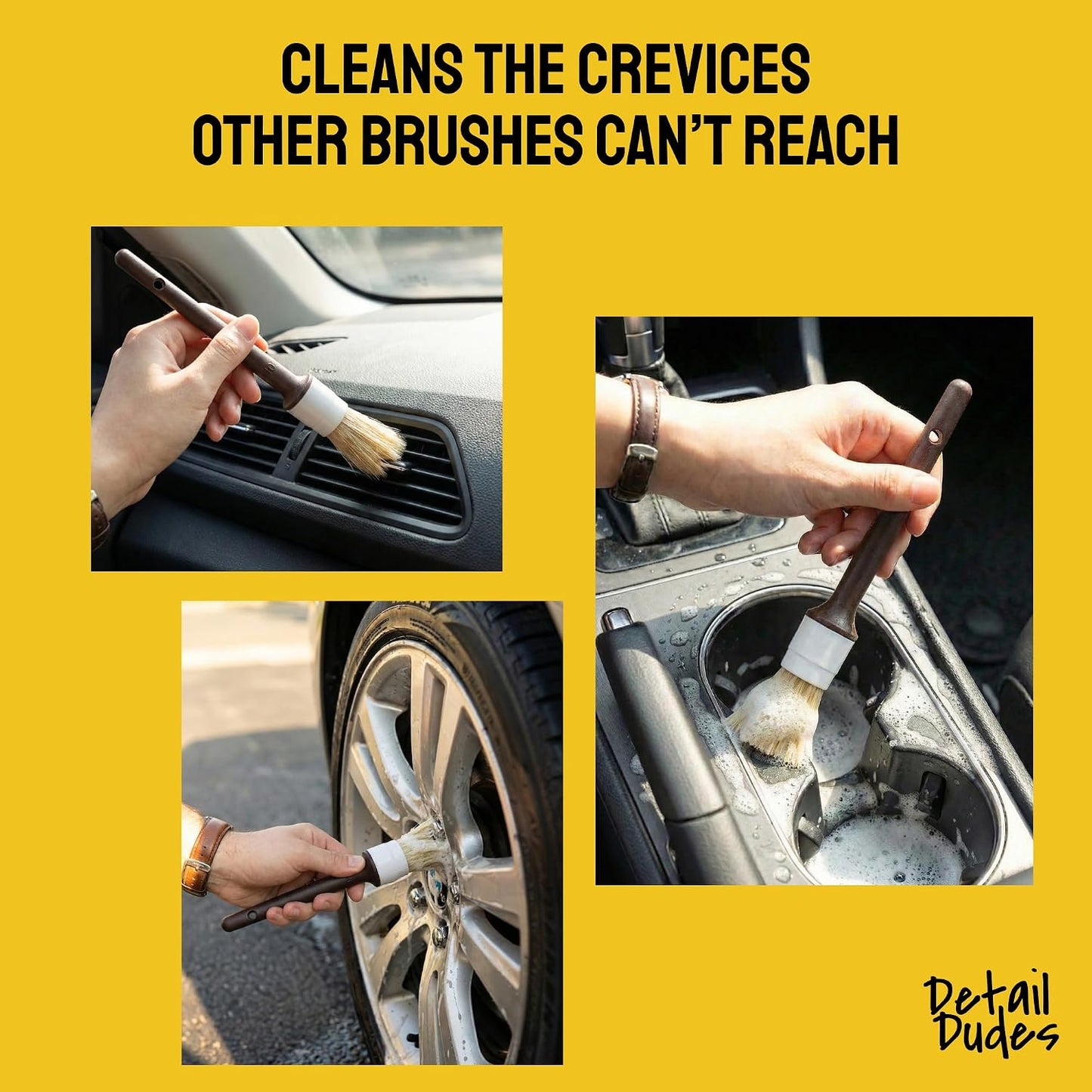 Car Detailing Brush Set 3-Pack, Interior and Exterior, Detail Dudes | Scratch-Free Boars Hair - Exterior & Interior Cleaning Brushes - Safe for Leather, Piano Black Trim, Dashboards & Wheels