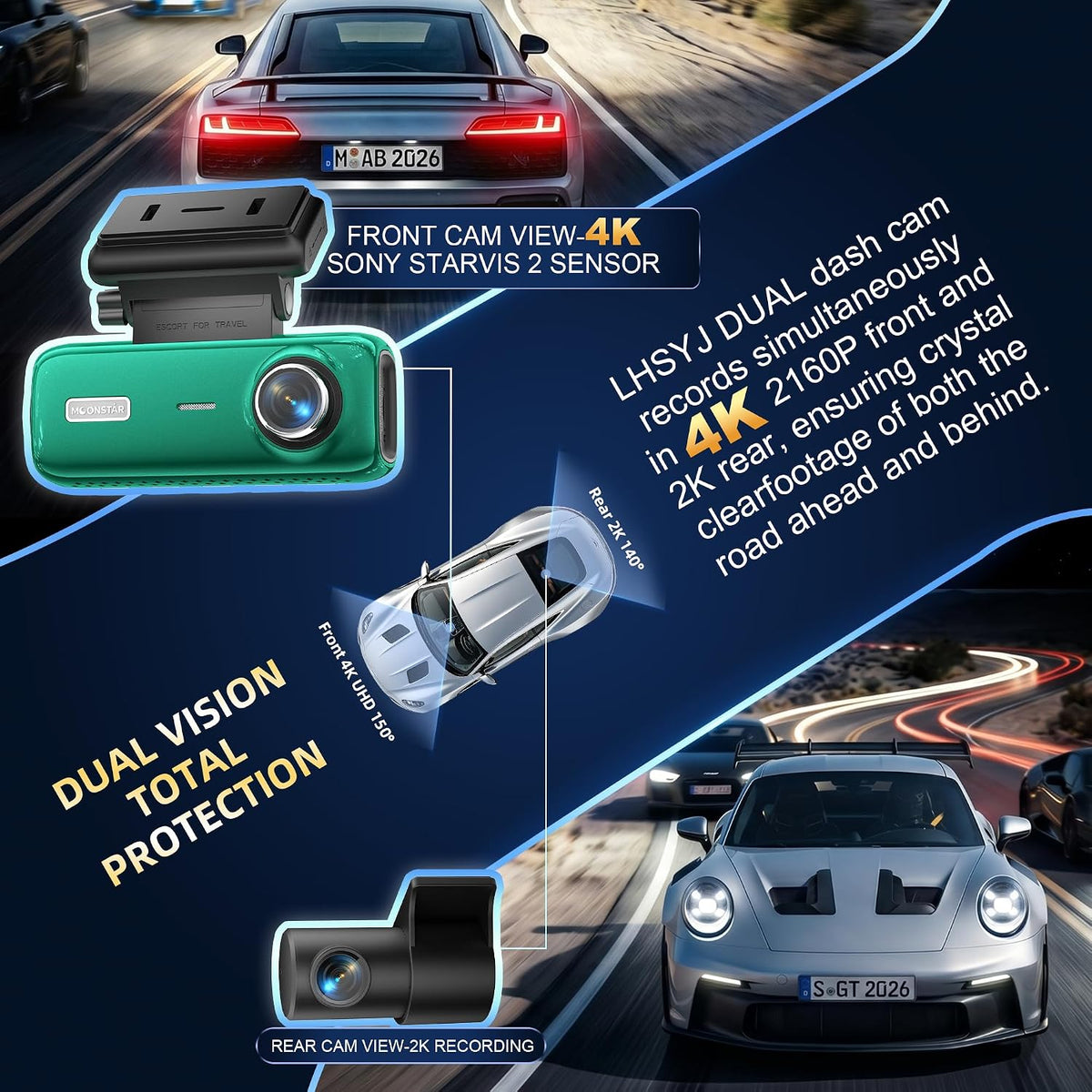 4K Dual Dash Cam Front and Rear,STARVIS 2 Sensor,UHD Car Camera,Green