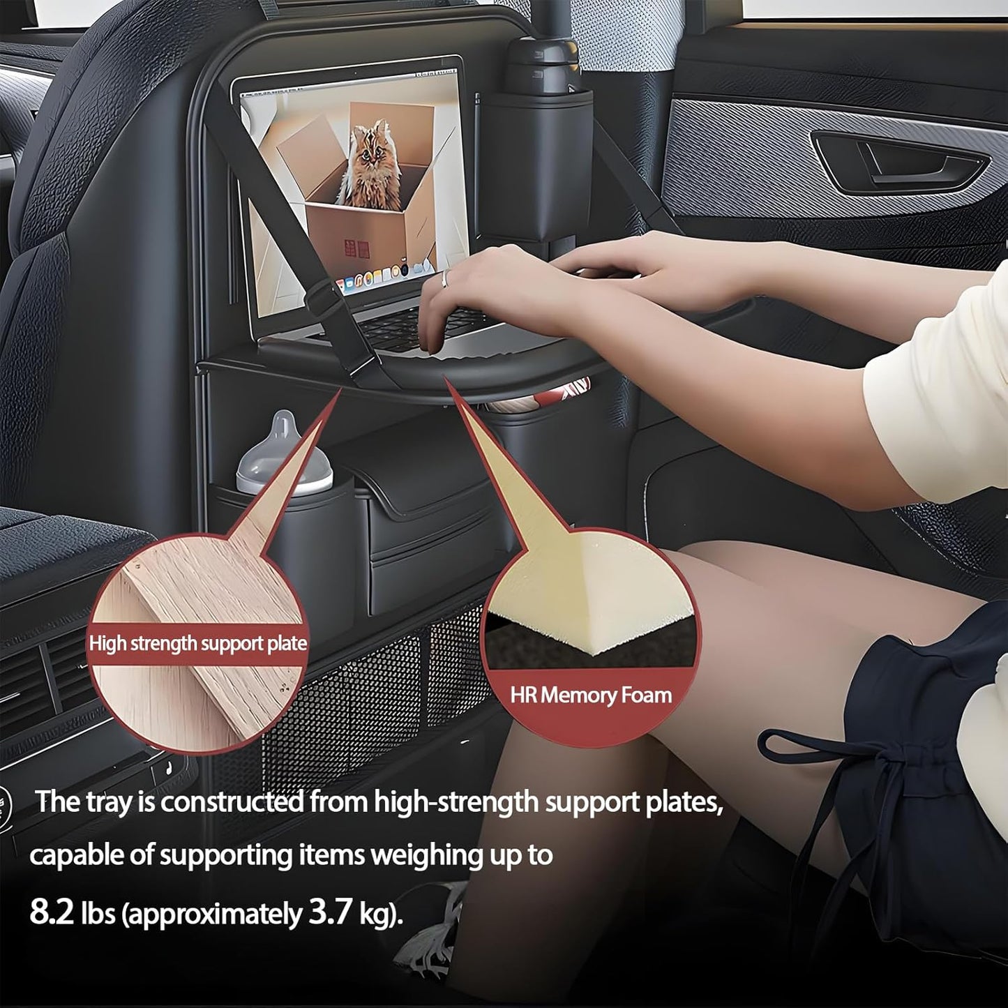 2 Pack Universal Foldable Car Backseat Organizer with Table Tray, Car Seat Back Protector with Touch Screen Phone Holder, Premium Leather Kick Mats with Storage Pockets Tissue Box (Black)