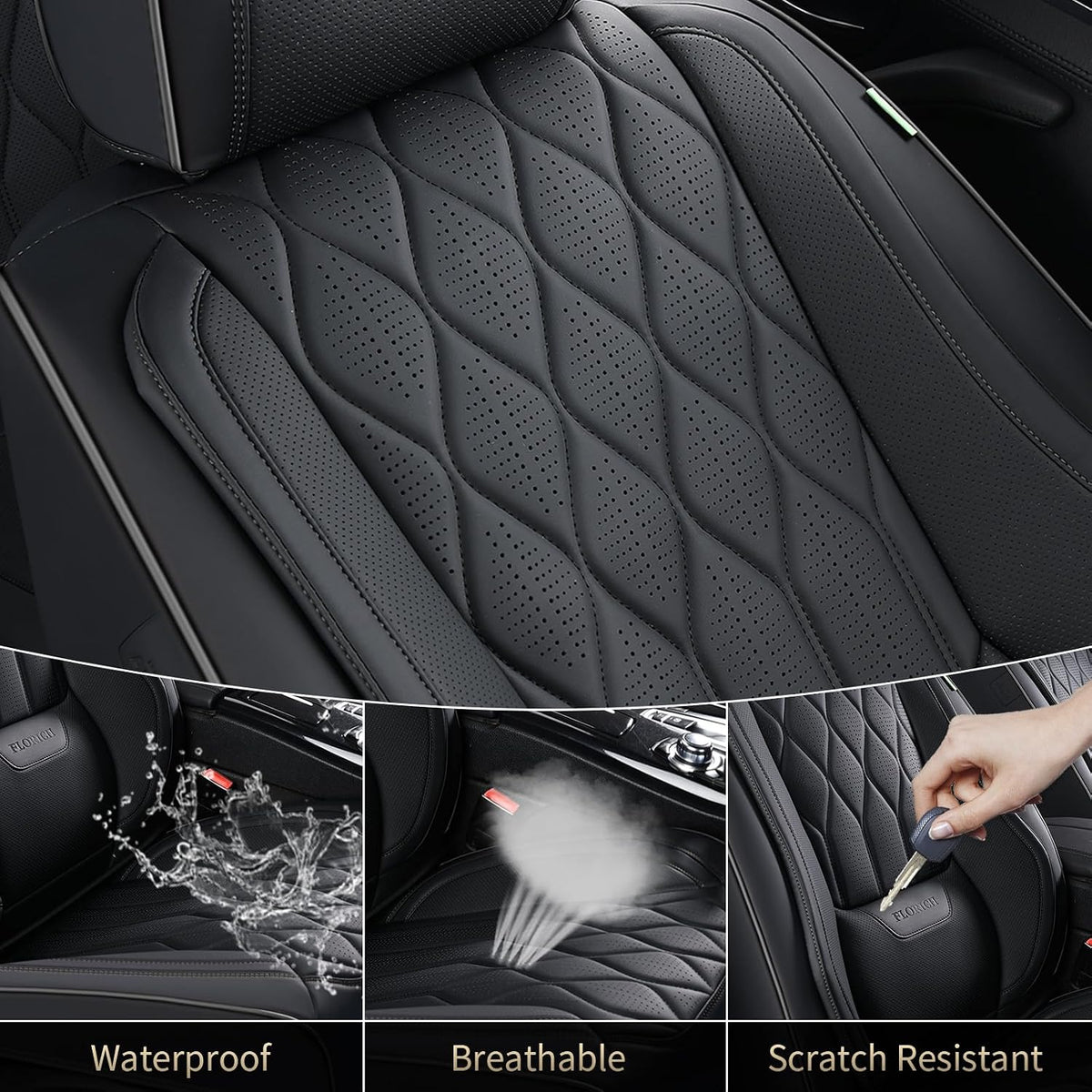 FLORICH Seat Covers Front Seats Leather Car Seat Cover Waterproof Automotive Seat Covers with Lumbar Support Full Coverage Car Seat Cushion Protector Universal Fit for Most Cars Trucks SUV, Black