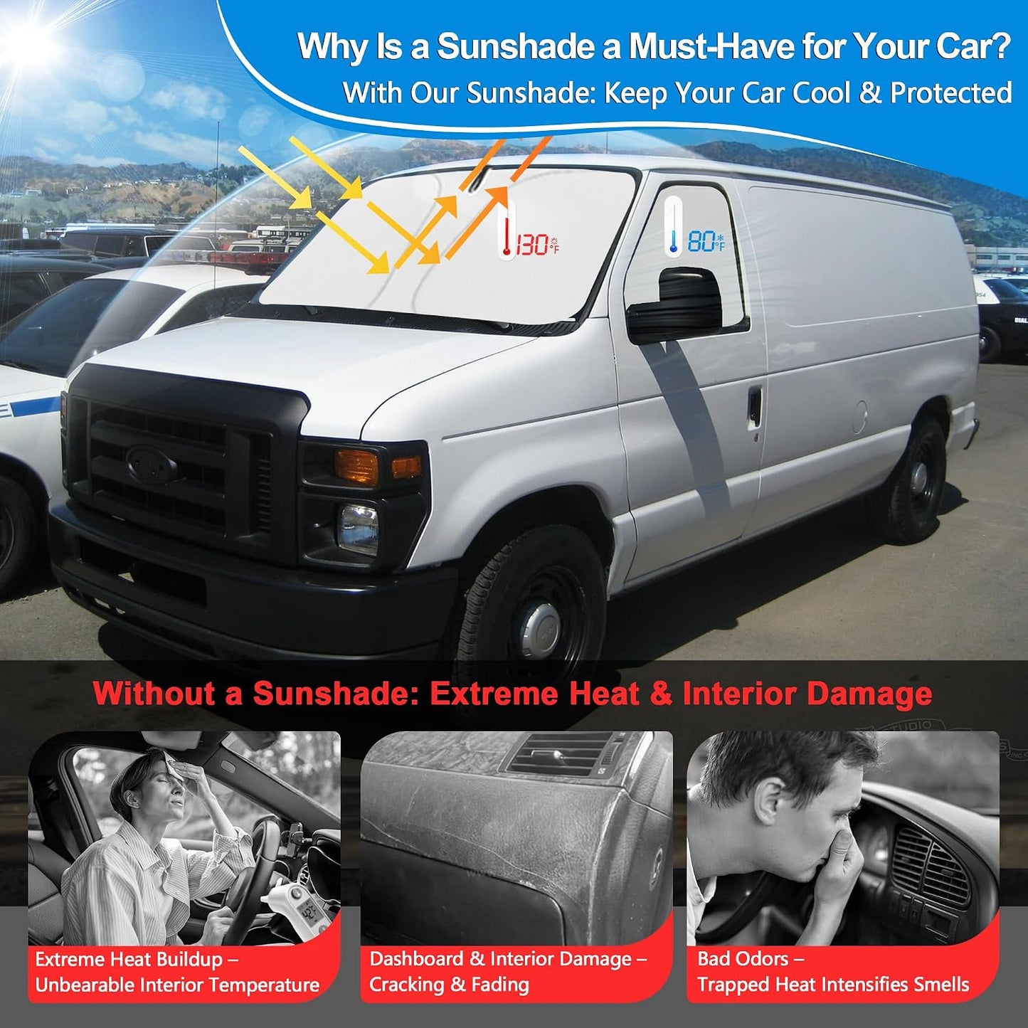 Front Windshield ＆ Side Window Sun Shade for 1992-2025 Fo-rd E-Series E-150 E-250 E-350 E-450 Van Motorhome, Foldable Window Sunshade Sun Visor Protector Blocks UV Rays Heat, Pack of 3