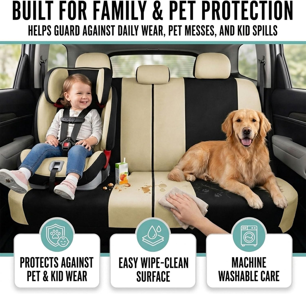 Automotive Seat Covers Beige Black Universal Fit Seat Cover Combo Set with Steering Wheel Cover and Seat Belt Pad (Airbag Compatible and Split Bench)