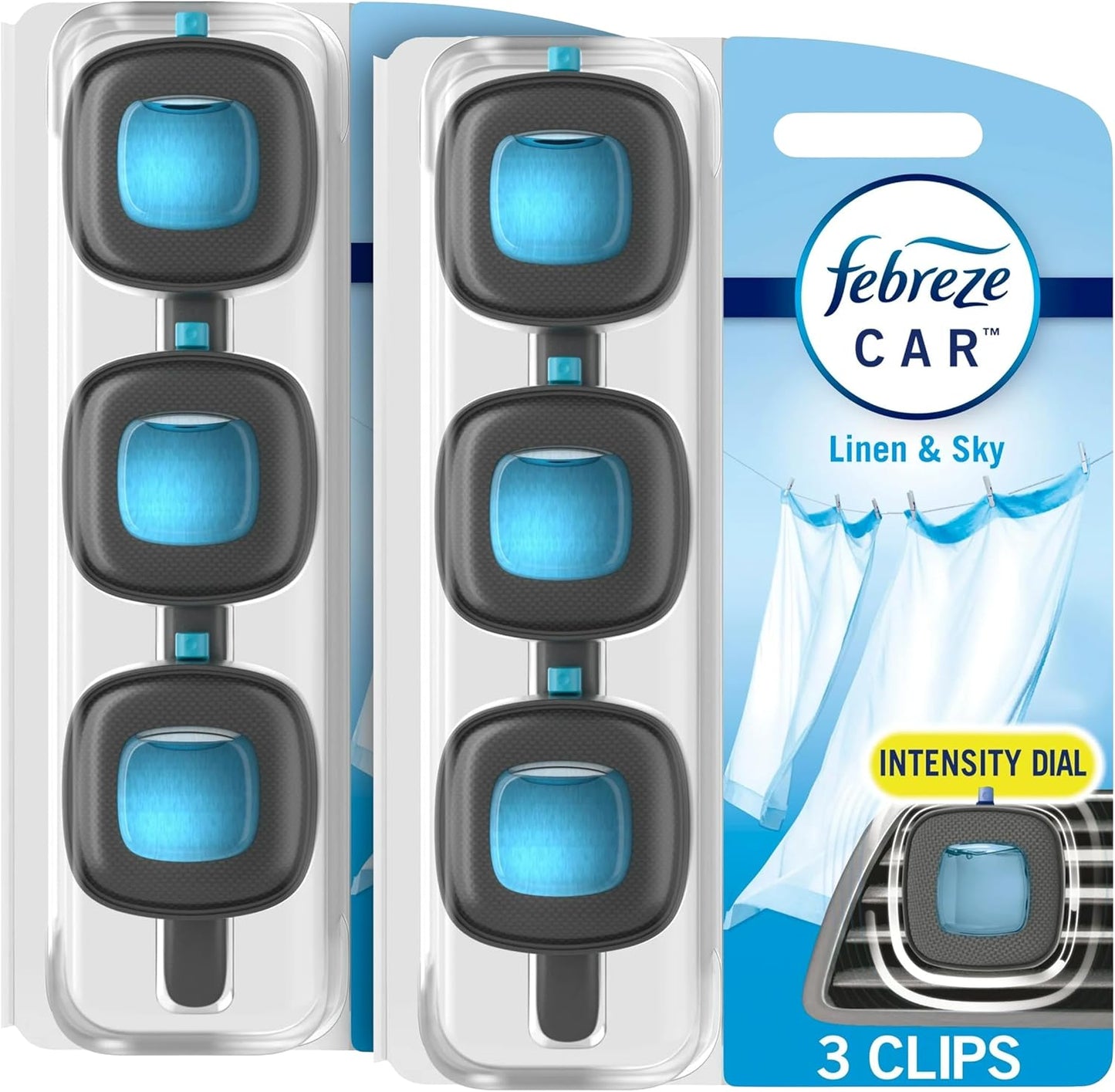 Febreze Car Odor-Fighting Car Freshener Vent Clip Linen &amp; Sky, 0.06 fl oz, 3 Ct Pack of 2