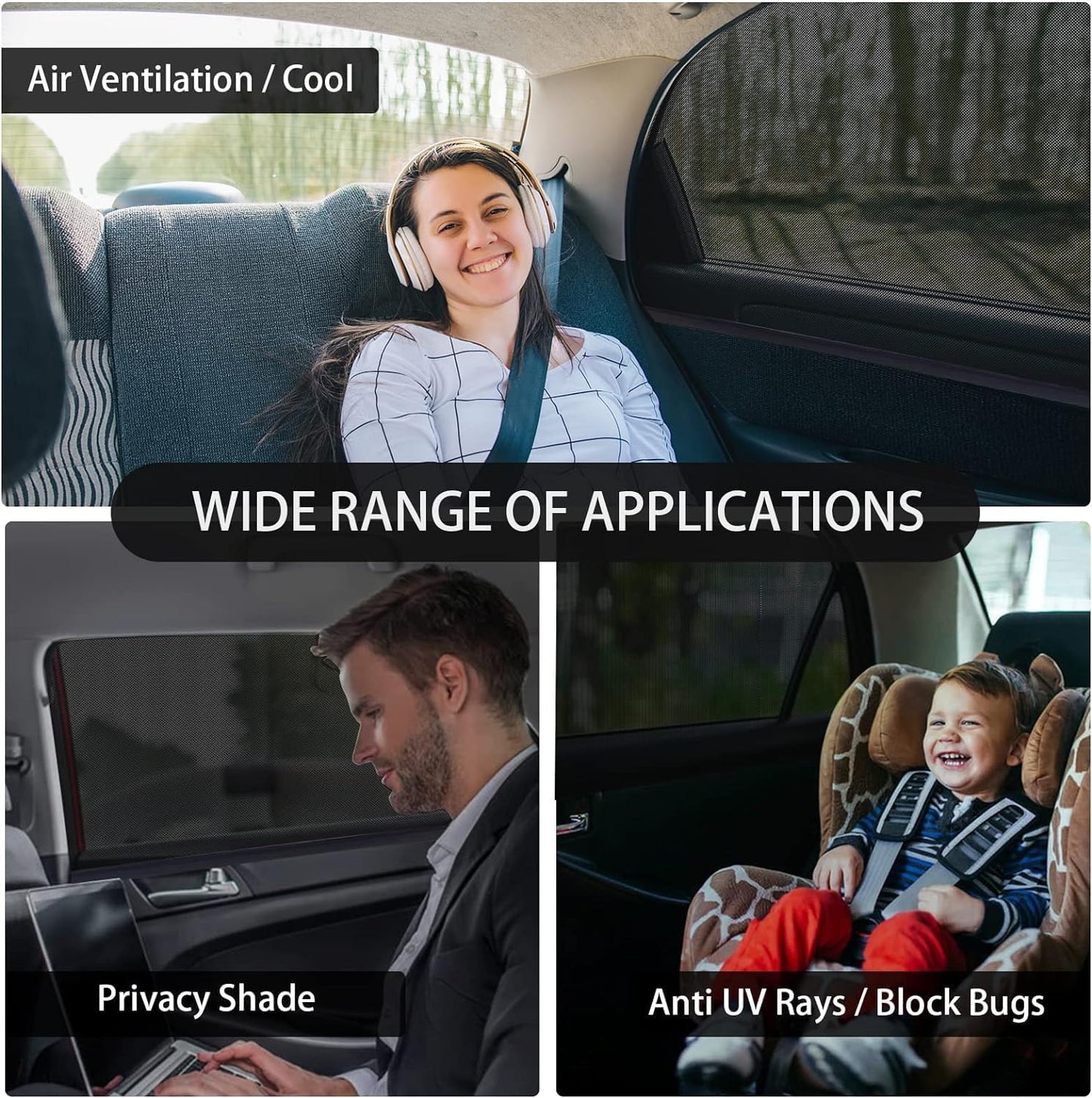 2Pack Car Window Shades Mesh Screen 27"x43", Universal Fit Most of Cars, Large SUV, Pickup, Sunshade for Car Camping UV Protection Breathable Mesh Baby Side Window Covers