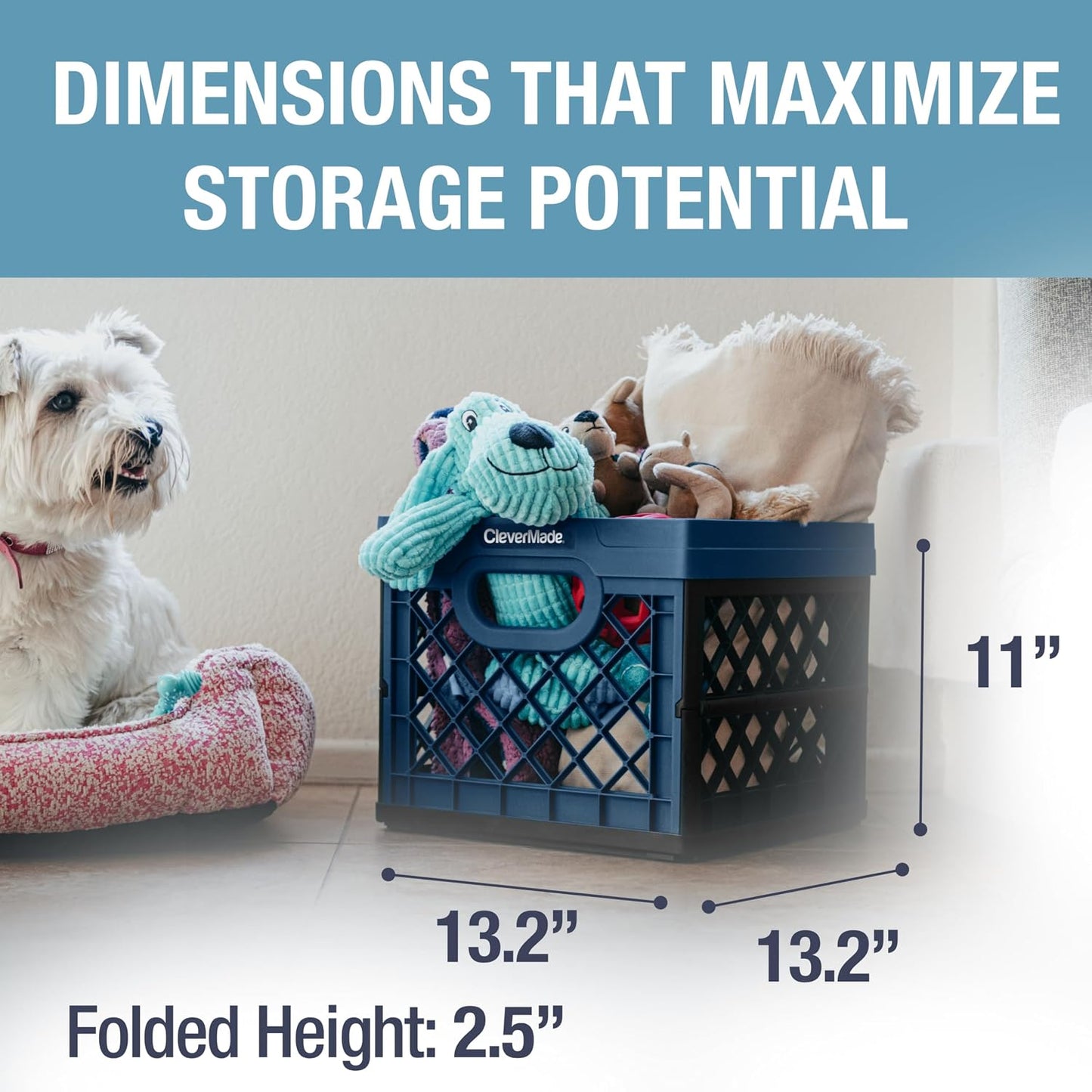 CleverMade Heavy Duty Collapsible Milk Crate, 25L, 3 Pack, 50 lb, Ocean | Stackable plastic storage crate with file rails for hanging folders and organizes garages, classrooms, offices and car trunks