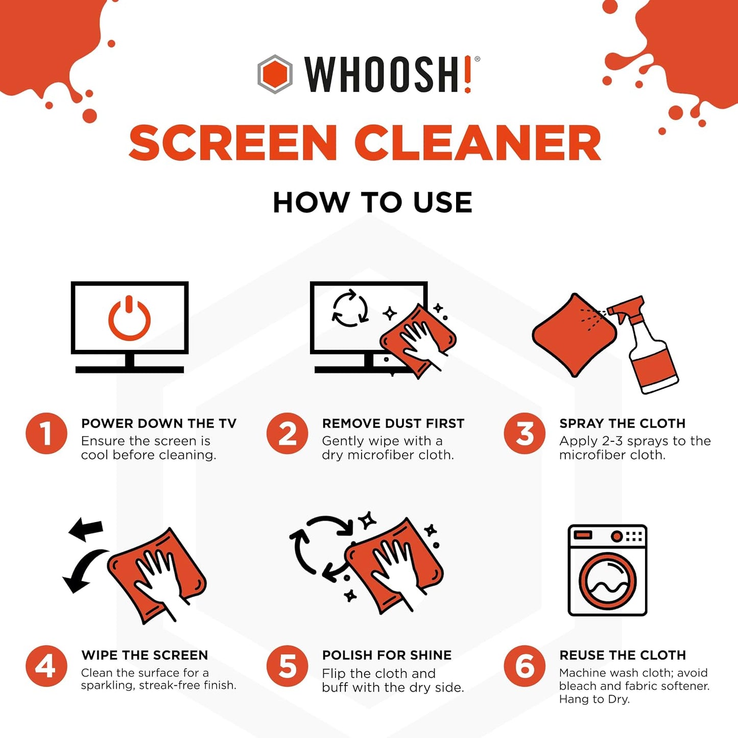 WHOOSH! Screen Shine Pro 16.9 fl oz Refillable Screen Cleaner for TV, OLED, and Monitors – Streak-Free Spray with Microfiber Cloth – Safe for Flat Screen, LCD, Smart Displays – Non-Toxic and Odorless
