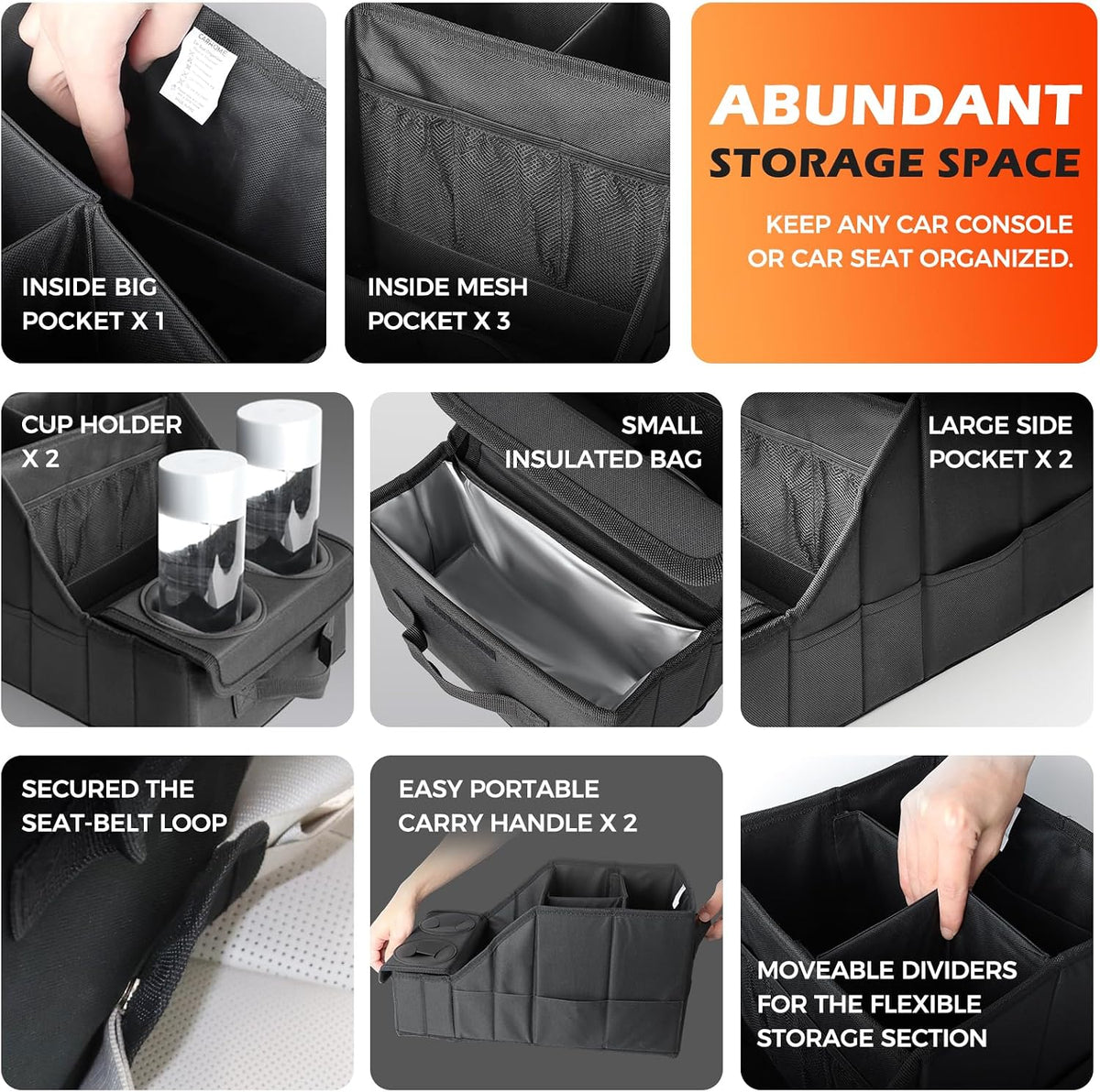 Car Seat Organizer with Cooler Compartment for Front & Rear Seats | 11 Storage Pockets, 2 Cup Holders, Durable Oxford Fabric, SUV & Truck Compatible, Ideal for Kids Family Road Trips