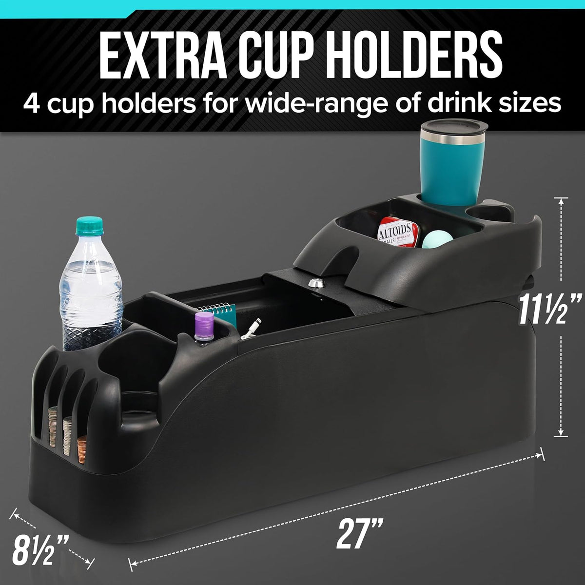 Moblorg Center Console for Minivans, SUVs, Middle Van Console, Extra Cup Holders, Large Storage, 27"L x 11.5"W x 8.5"H,Made in USA (Black)