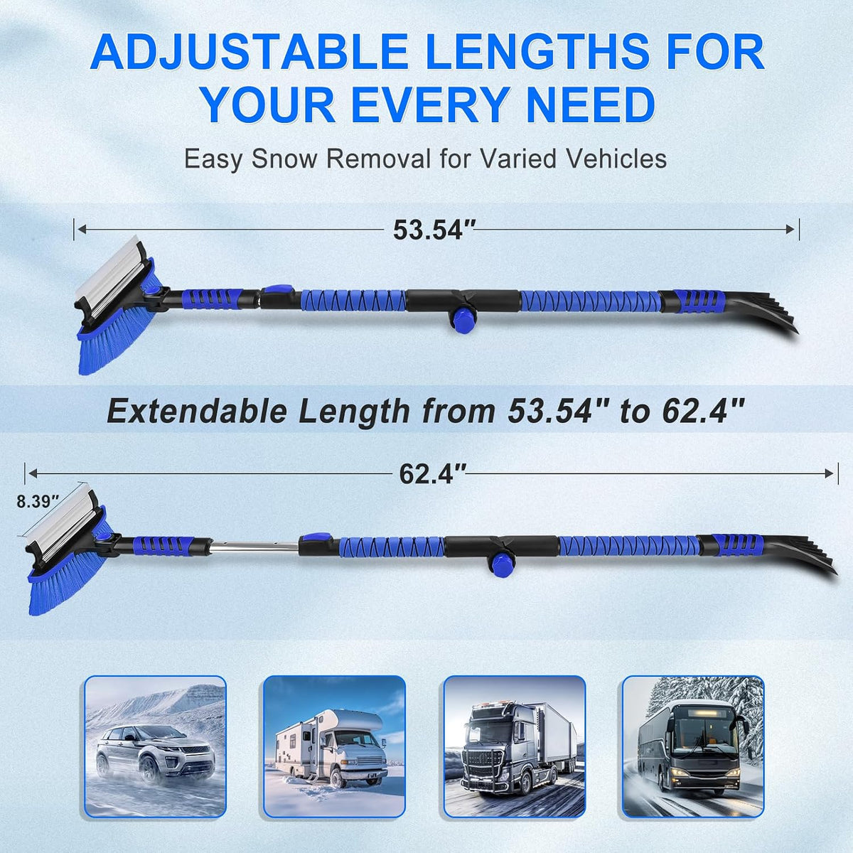 Foldable & Extendable Snow Brush and Ice Scraper for Car, 62.4", Blue