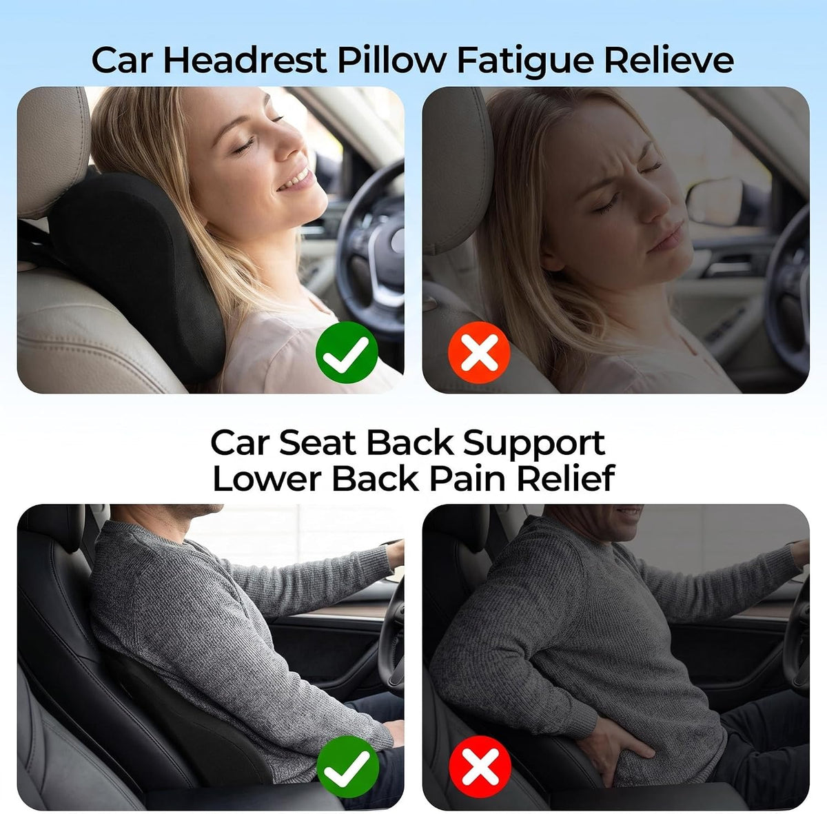 Car Headrest & Lumbar Support Set, Ergonomic Memory Foam Neck Pillow, Comfortable Travel Pillow for Car Truck SUV, Ideal for Long Driving (Gray) (Black)