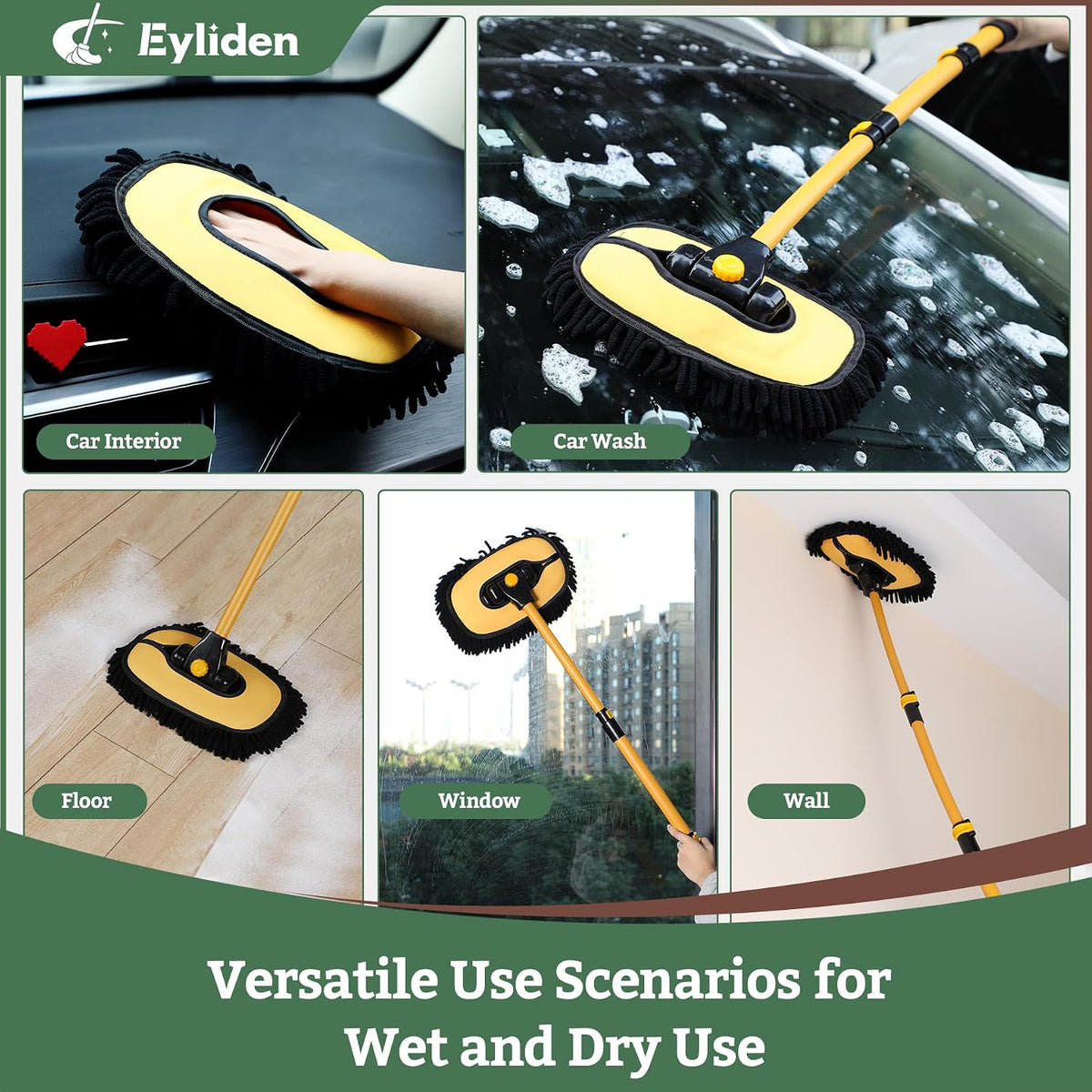 Eyliden Car Wash Brush Mop with Long Handle for Car Truck RV, Yellow