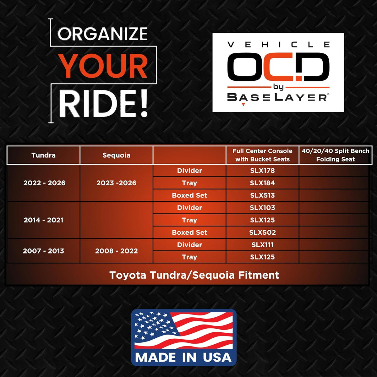 Vehicle OCD - Center Console Organizer for Toyota Tundra (2022-2026) / Toyota Sequoia (2023-2026) – Made in USA - NOT Compatible with Center Console Safe - SLX178