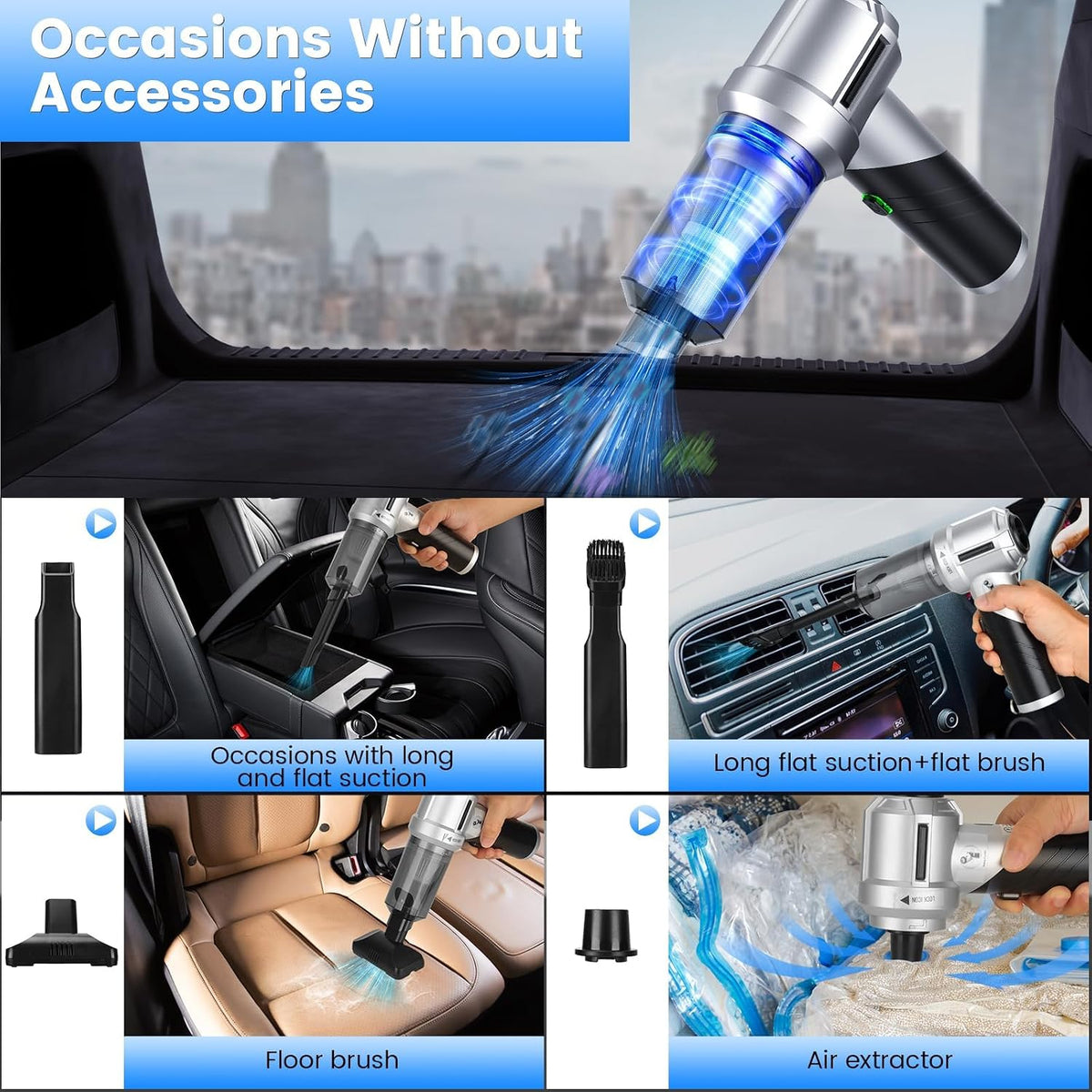 Handheld Car Vacuum Portable Cordless with 18000PA Super Suction, 4 in 1 Portable Air Blower/Car Vacuum 90°Foldable Rechargeable Brushless Motor, Gifts for Men for Home, PC