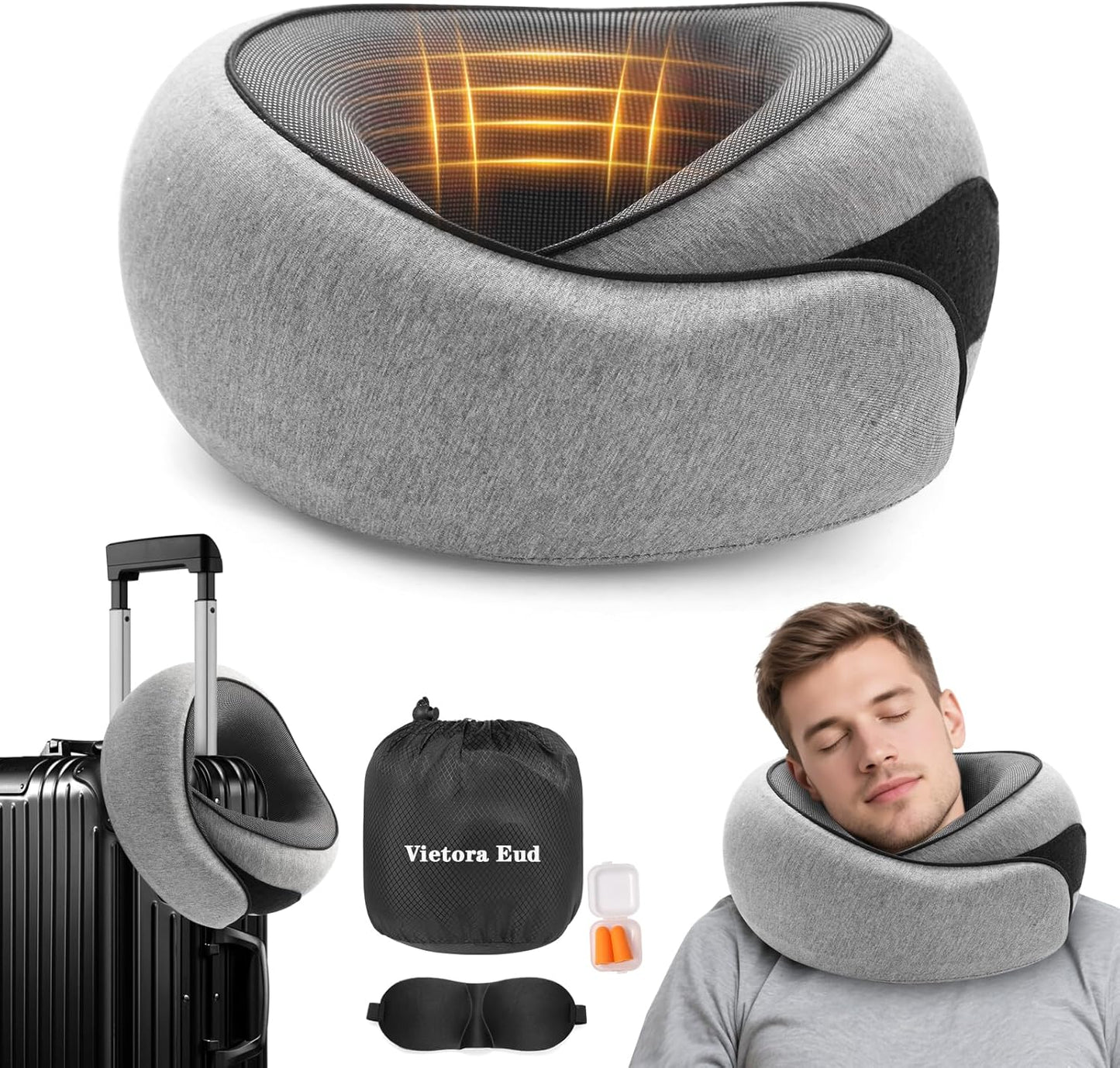 Travel Neck Pillow, Memory Foam Neck Support for Airplane, Car & Office, Breathable Portable Design with Eye Mask, Earplug Holder & Carry Bag, for Men&Women