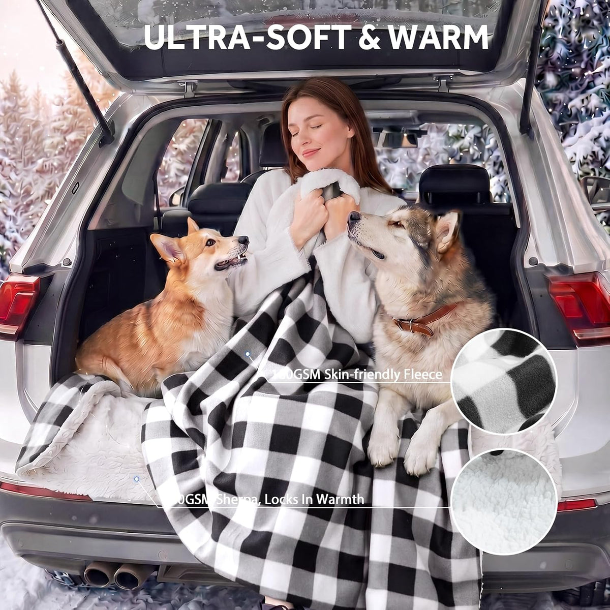 Sealy 12-Volt Heated Car Blanket, 2 USB Output Ports, 59"x43", Black Plaid