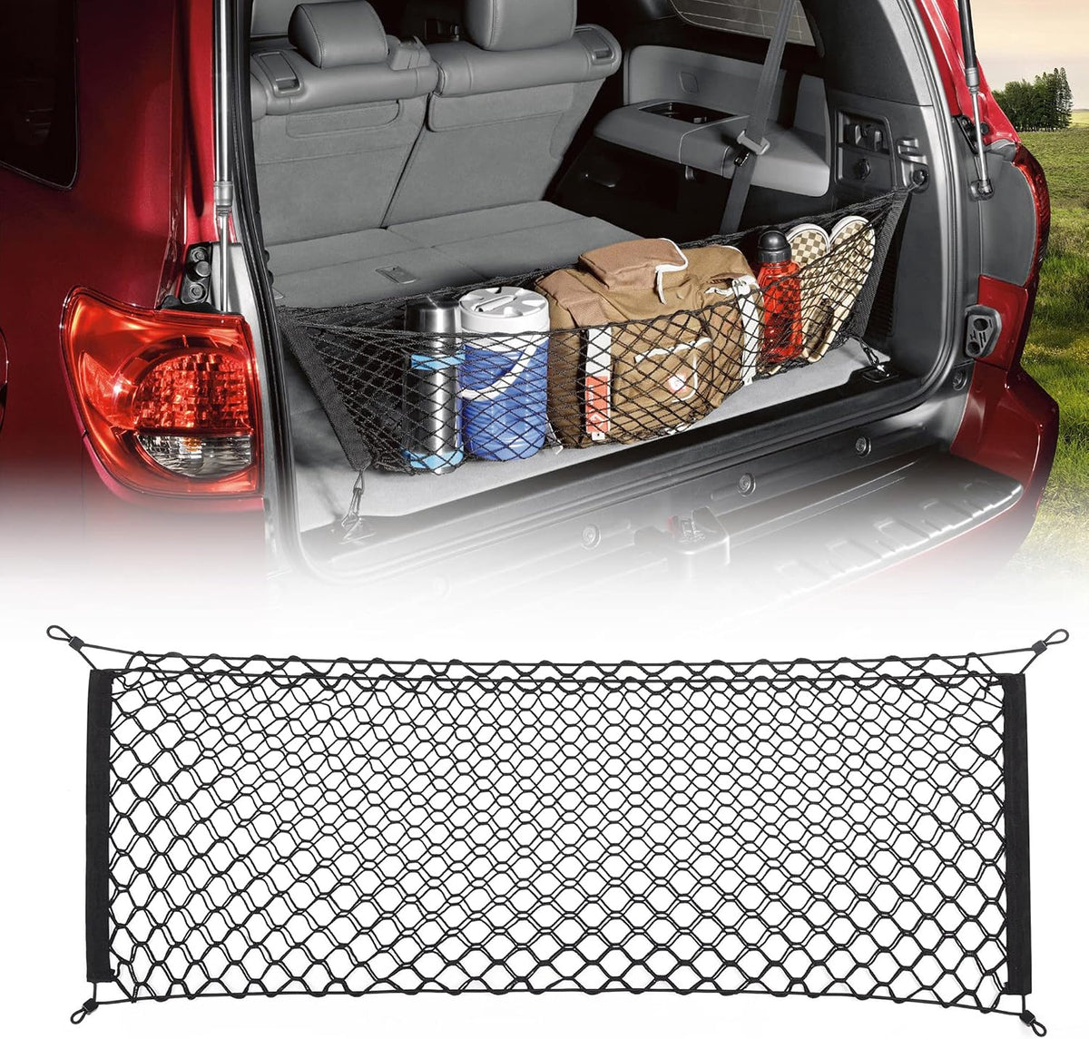 MICTUNING 2-Layer Heavy Duty SUV Truck Cargo Net, 44 x 15 Inch Universal Bed Net with Hooks, Adjustable Highly Elastic Storage Organizer Mesh Net Compatible for Pickup Truck SUV