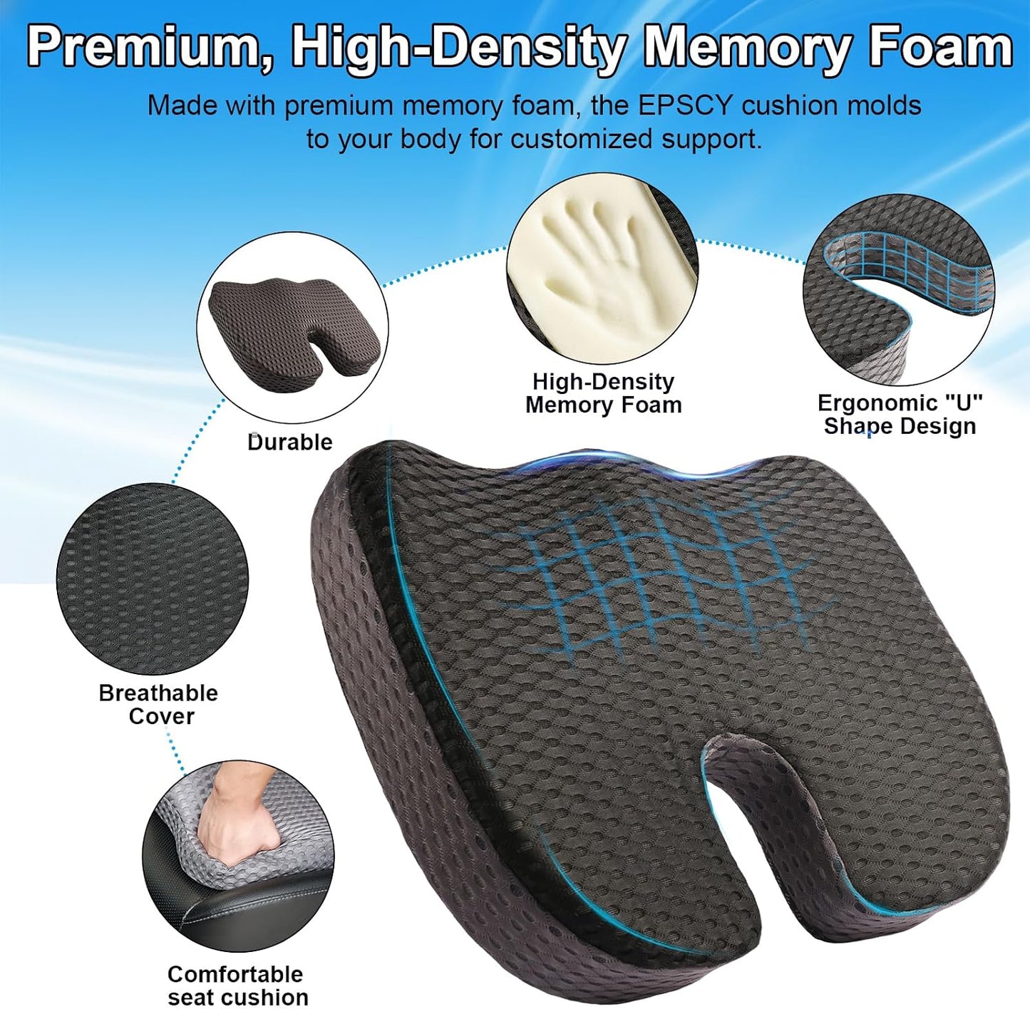 Car Seat Cushion for Driving Comfort &amp; Support - Premium Memory Foam Seat Pad with Breathable Washable Cover, Non-Slip Bottom, Road Trip Essentials for Car Seats