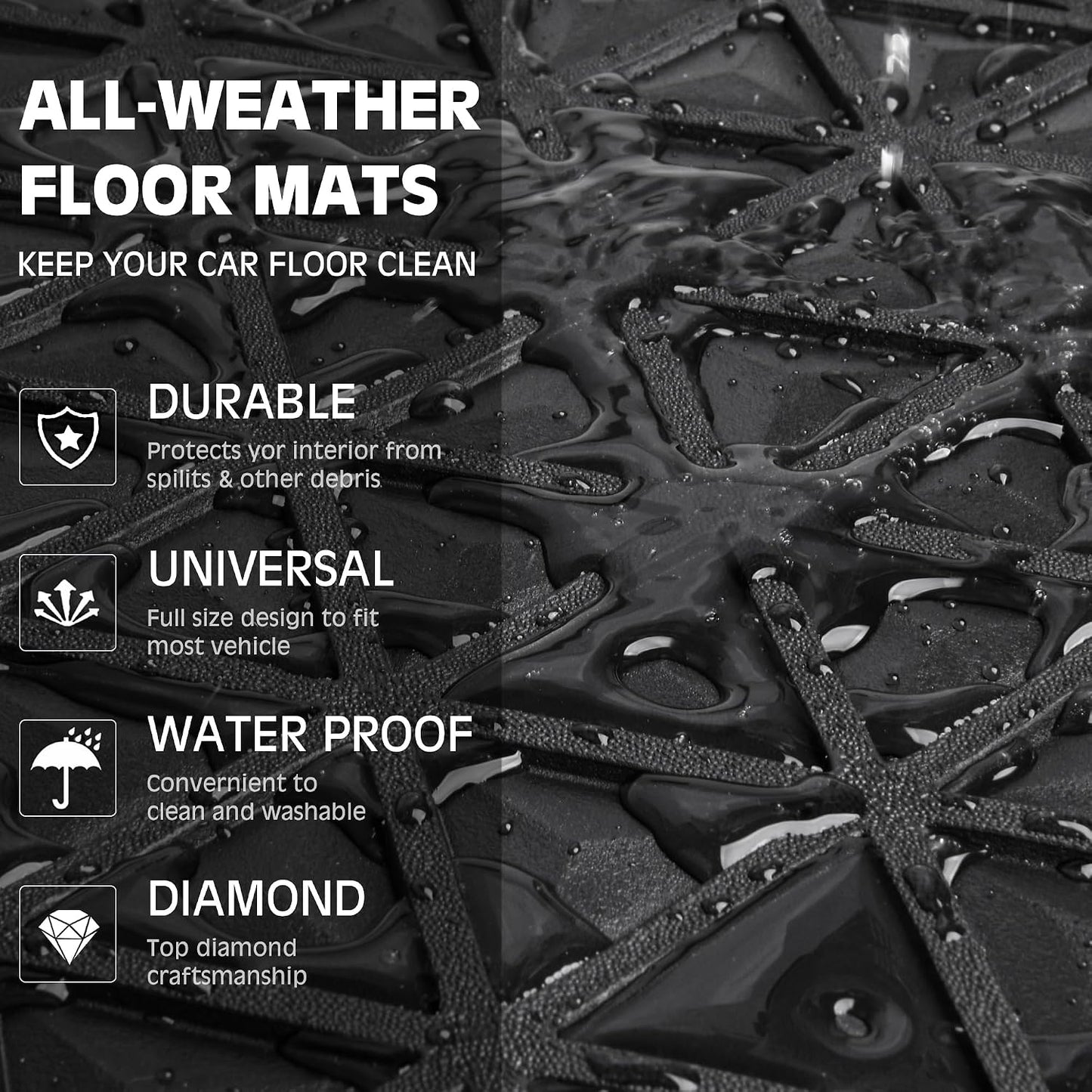CAR PASS Bling Diamond Car Mats Rubber Floor Mats Full Set Anti-Slip 3D Rhombus Waterproof Trim Fit Liner Universal Glitter Crystal Sparkly Shining Rhinestone Girl Women SUV Sedan, Multicolor Diamond