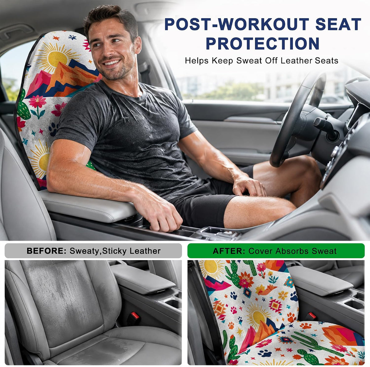 Car Seat Towel Cover 2 Pack for Front Seats, Sweat Absorbent Car Seat Protector with Non-Slip Backing, Waterproof Towel Car Seat Covers for Runners, Gym, Swimming, Beach, Desert Cactus