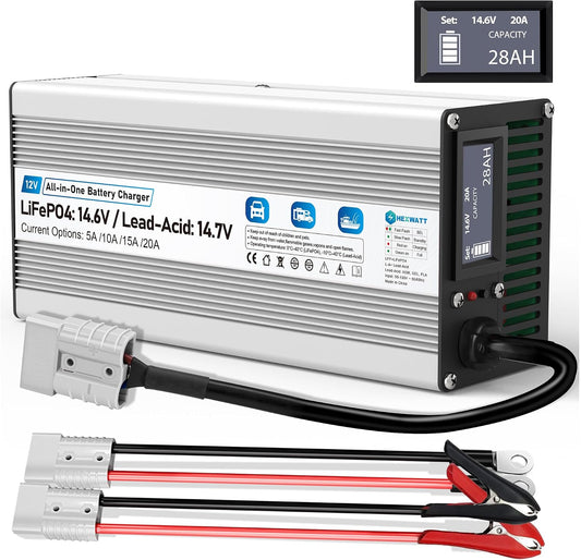 12V 20A LiFePO4 & AGM Battery Charger, Smart Charger with LCD Display, 14.6V LiFePO4 and Lead-Acid Battery Maintainer, Anderson Connector for Car, RV, Marine and Boat (12V LiFePO4 & AGM)