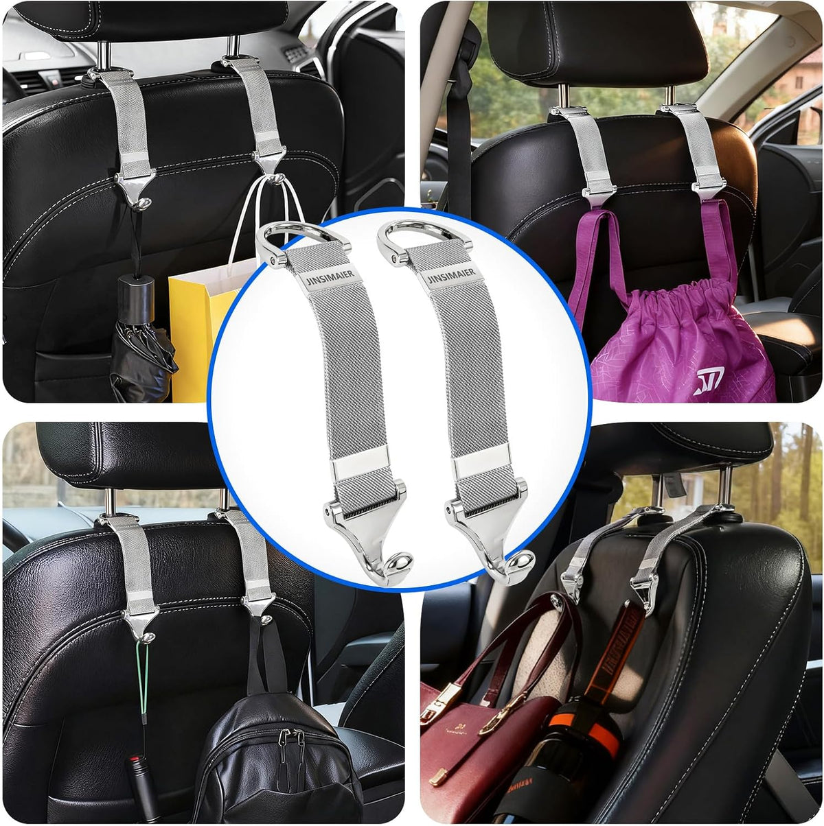 Car Seat Headrest Hooks and Purse Hook for Car 2 Pack Silver – Alloy Braided Chain Storage Hook for Purse, Handbag, Grocery Bags – Interior Organizing Car Accessories