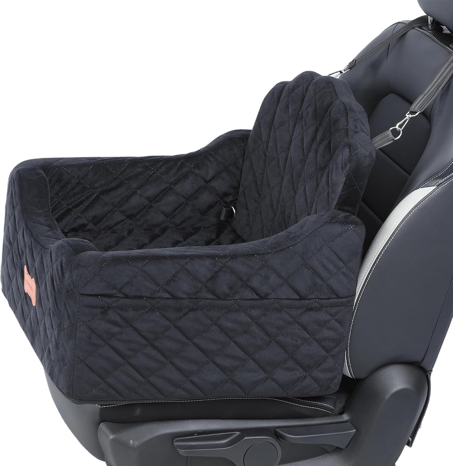 Dog Car Seat for Small Dogs Under 30lbs, Detachable Washable Pet Booster Seat with Safety Belt & Storage Pockets, Travel Car Bed, Black/Grey