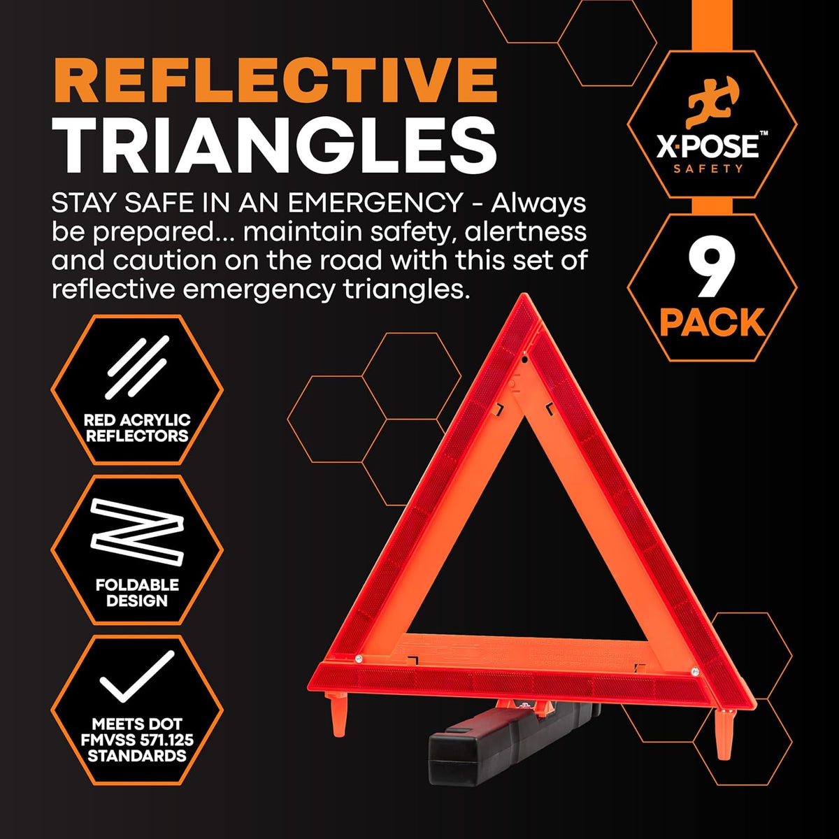 Xpose Safety Reflective Emergency Triangles – 9 Kits (27 Triangles) – DOT Approved Roadside Car Safety Warning Reflectors – Red & Orange Automotive Vehicle Hazard Visibility Markers