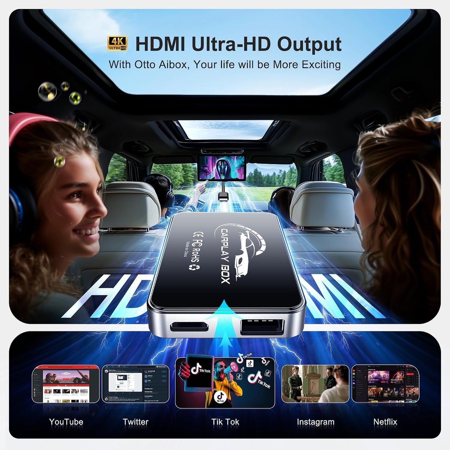 AI Box CarPlay, 3-in-1 Wireless CarPlay Adapter & Android Auto for OEM Wired Cars, Built-in Netflix/YouTube for Streaming, 5.8GHz WiFi, Convert Wired to Wireless, Plug & Play （4GB RAM+32GB ROM）