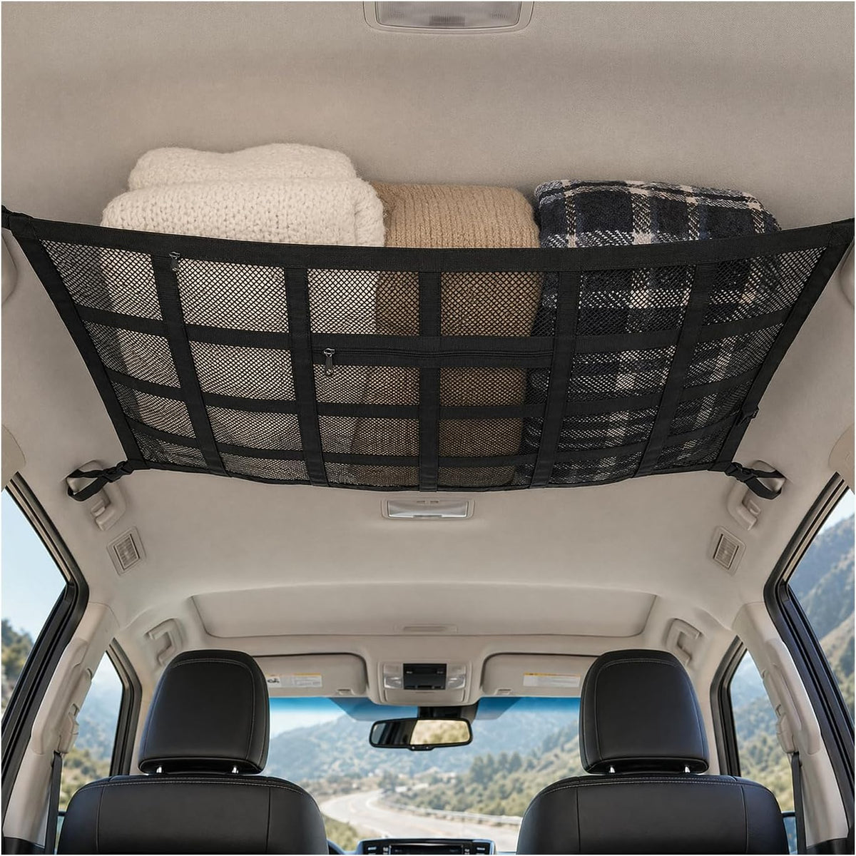 Car Ceiling Cargo Net, 30.5"x20.9" Double Layer Mesh Auto Roof Organizer with Pockets, Universal Vehicle Overhead Mesh Storage Organizer for Camping Road Trip Essentials