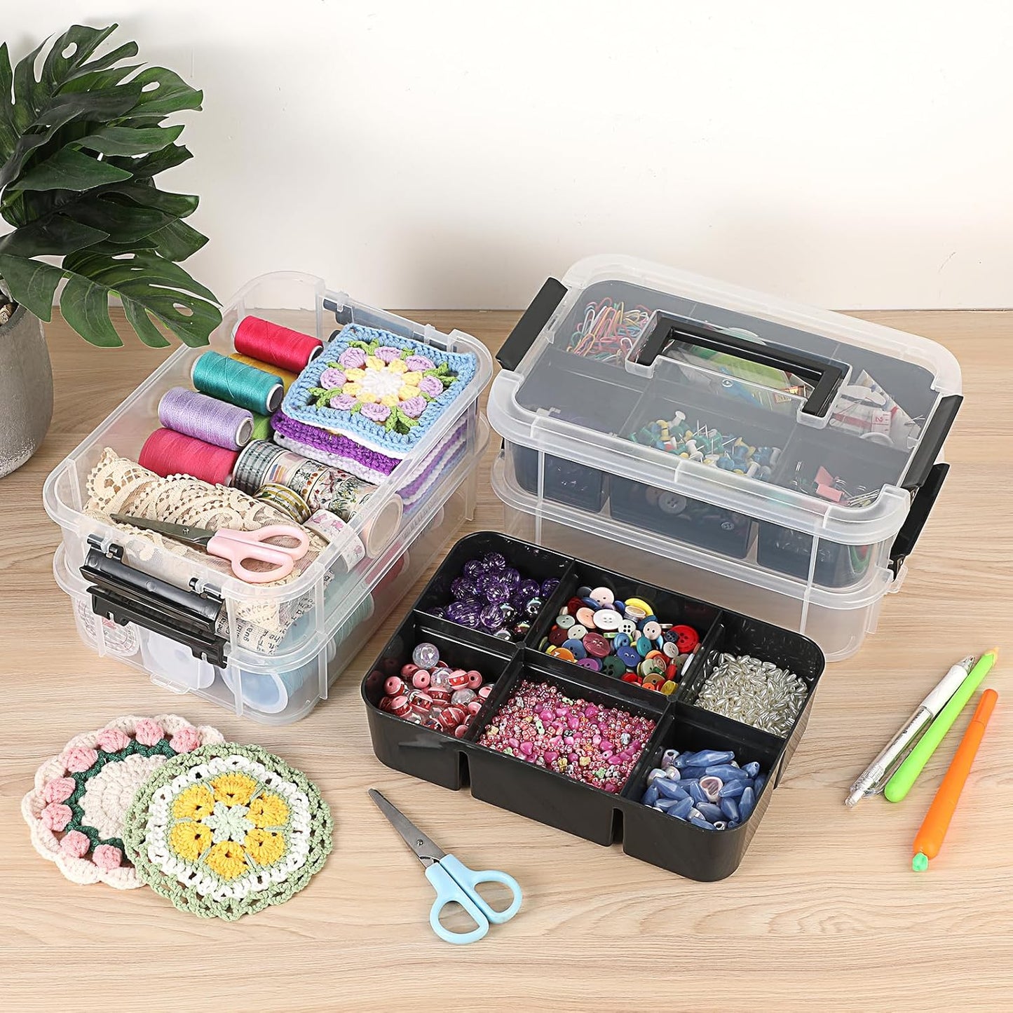 JUXYES 4-Tiers Plastic Stack Carry Storage Containers Box wih Handle Lids | Clear Stackable Latching Storage Bin With 2 Tray for School Office, Organizing Sewing, Art Craft, DIY Supplies, Black