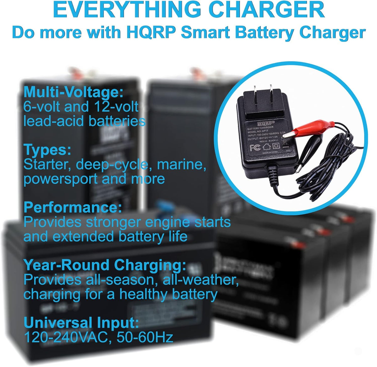 HQRP Fully Automatic 6V / 12V Sealed Lead Acid Smart Battery Charger SLA Maintainer Compatible with Car Truck Motorcycle, Alligator Clips