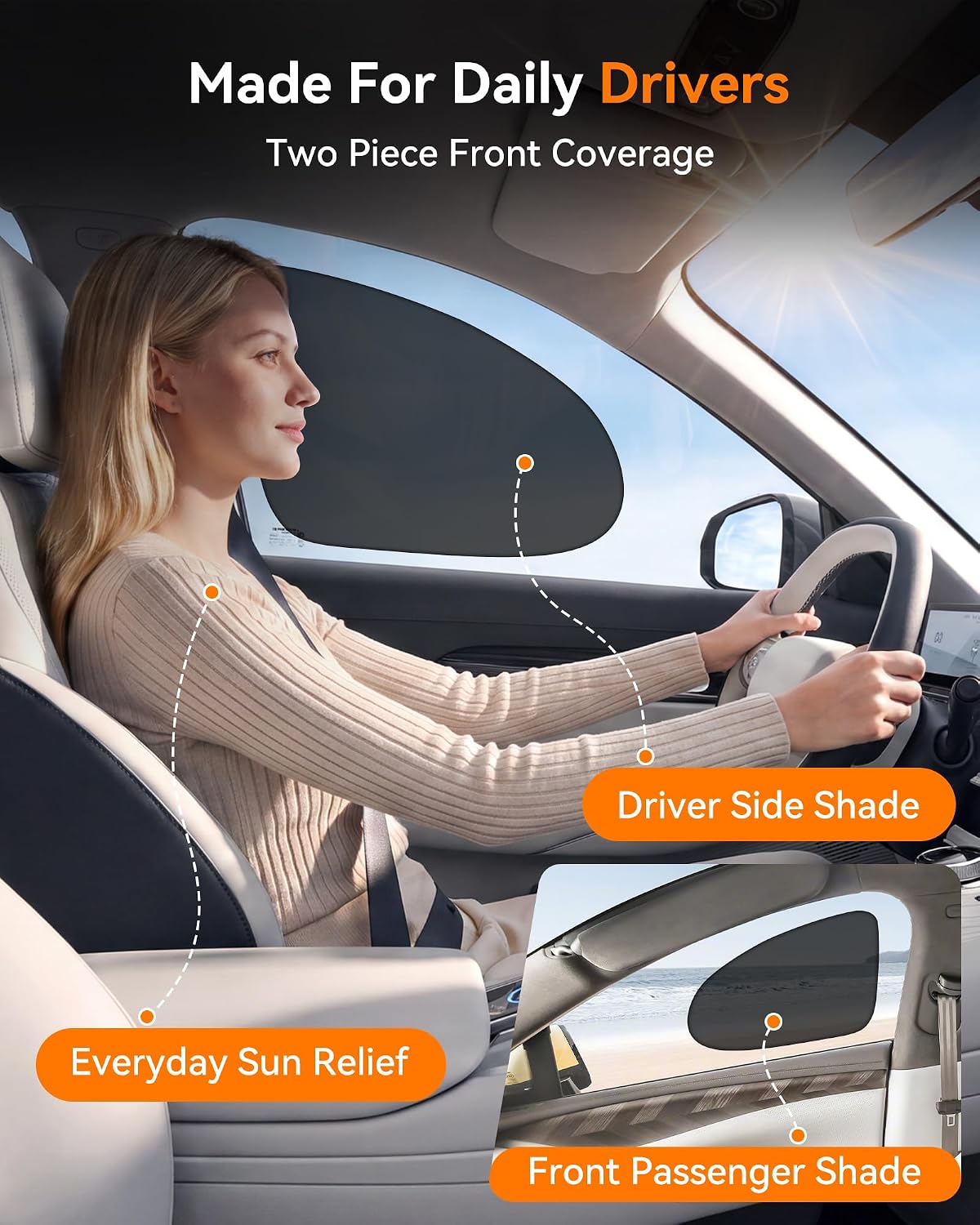 Car Side Window Sun Shades, Static Cling for Commuters and Rentals, 2 Pack
