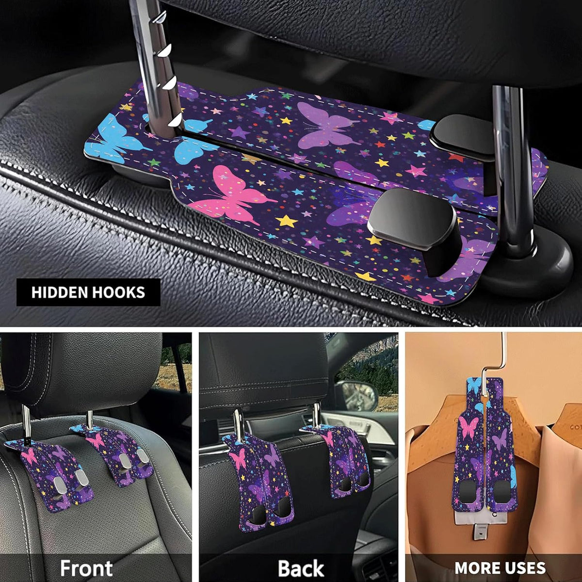 Car Seat Headrest Hook, Universal Leather Cute Hanger Holder Hook, Storage Organizer Interior Accessories for Purse Bags Handbag Purple Cute Butterfly