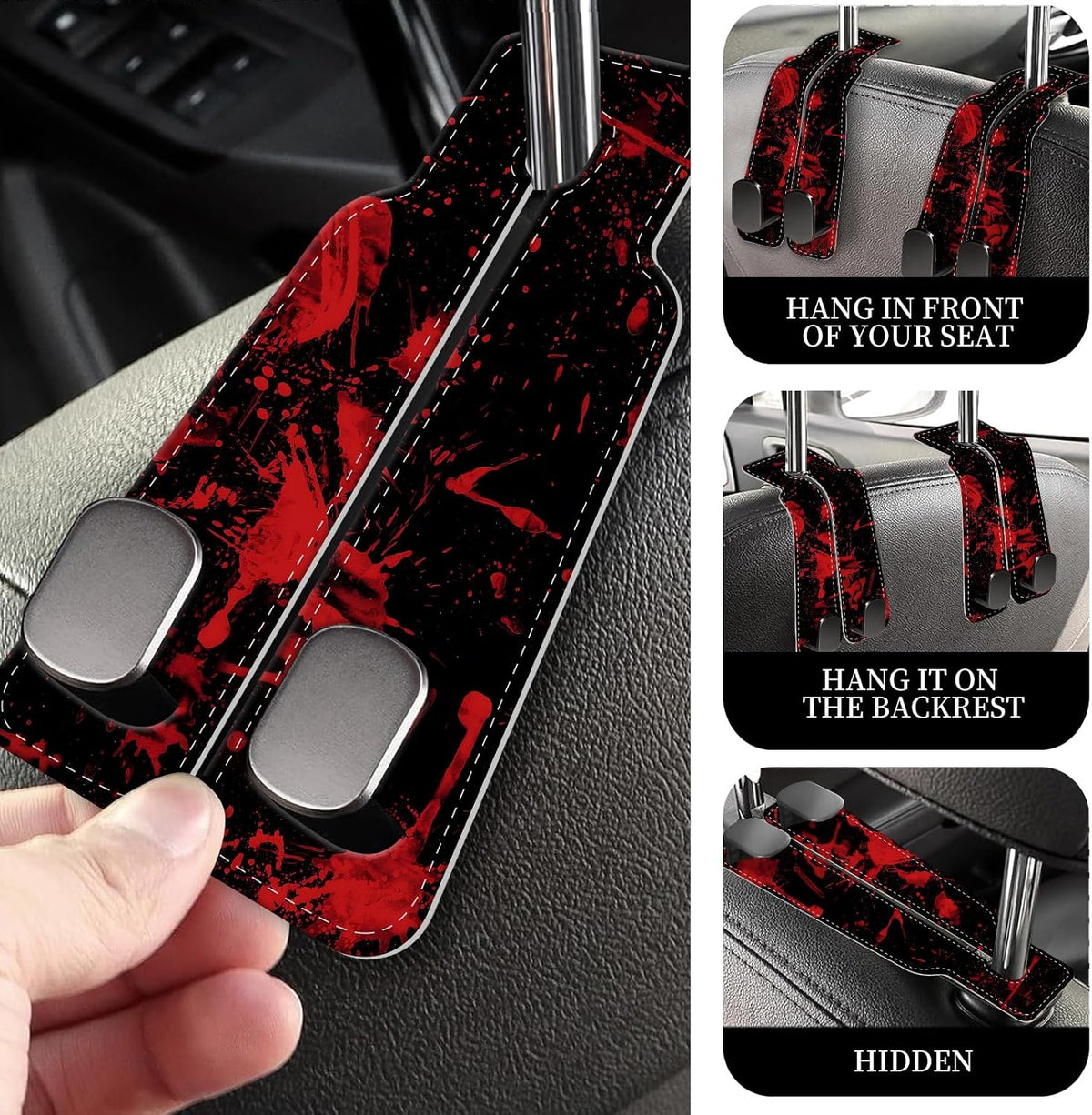 PU Leather Car Seat Hook, Storage Headrest Hanger, Cute Car Backseat Organizer, Car Hooks For Purses and Bags Dark Red Pattern