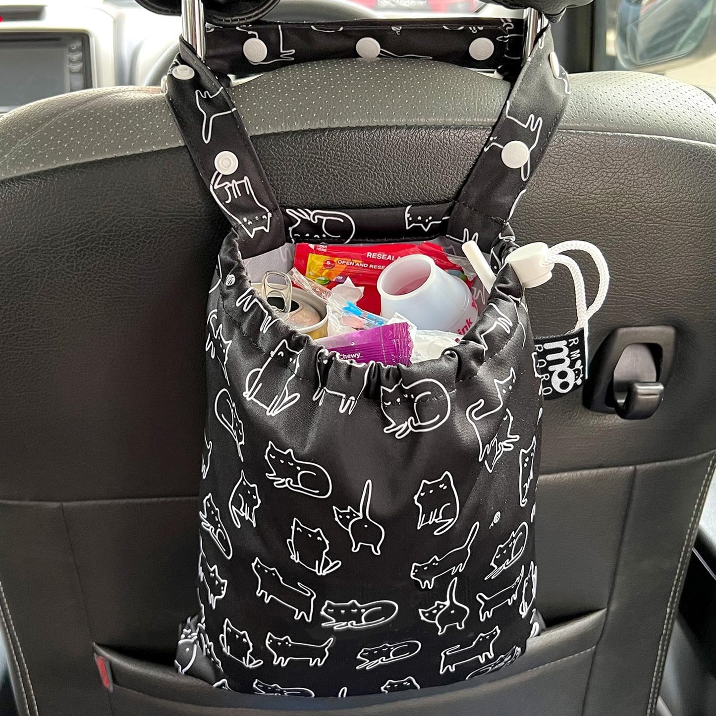 Waterproof Car Trash Bag Reusable Portable Garbage Can with Drawstring Top Adjustable Hanging Strap Leakproof & Washable for Cars SUVs & Trucks (Black Cats)